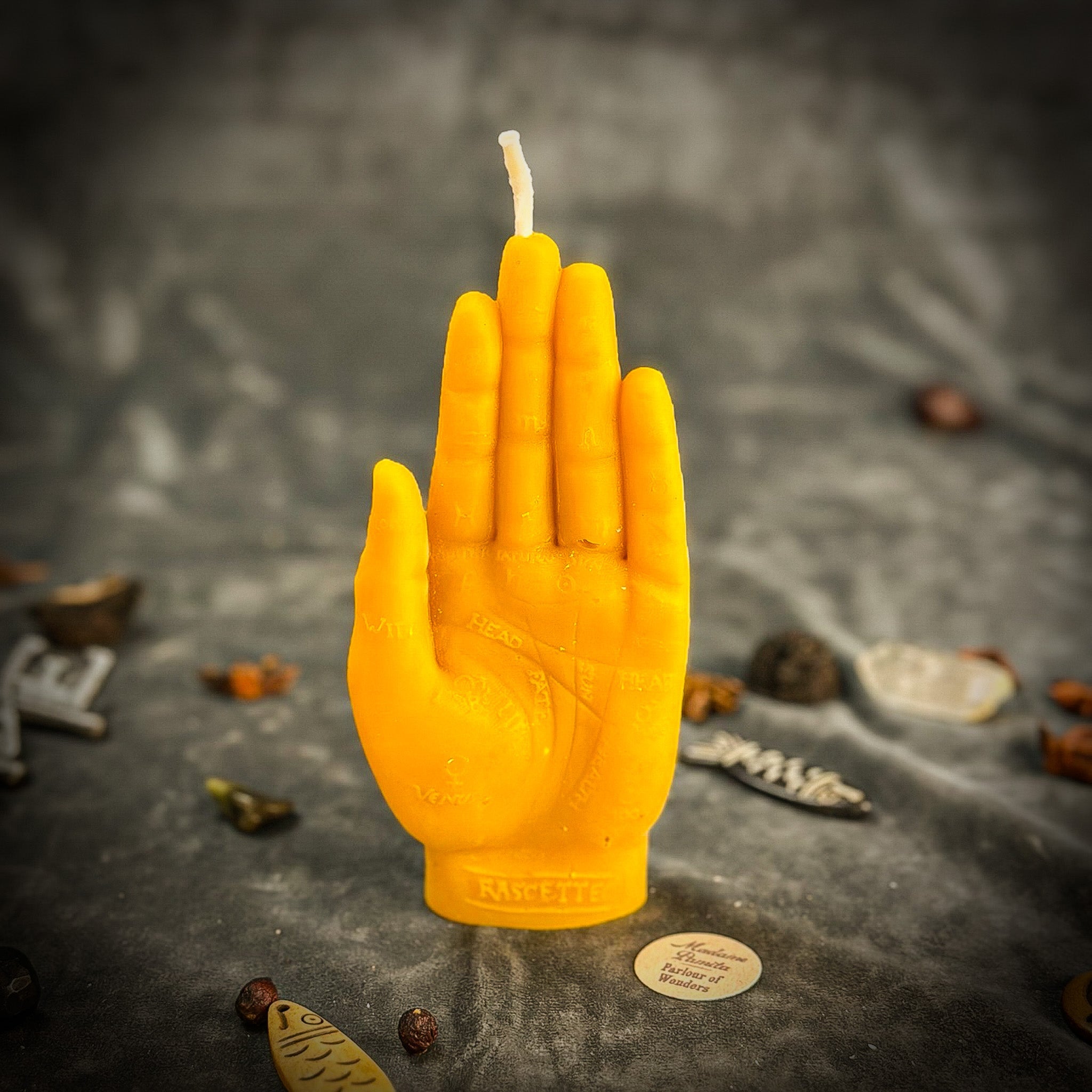 Orange beeswax candle from Parlour of Wonders, Hand of Fate spell candle for destiny, transformation, and divine timing.