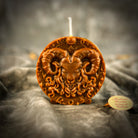 Pink beeswax Aries Ram zodiac spell candle by Parlour of Wonders, featuring detailed ram design for courage, passion, and victory.