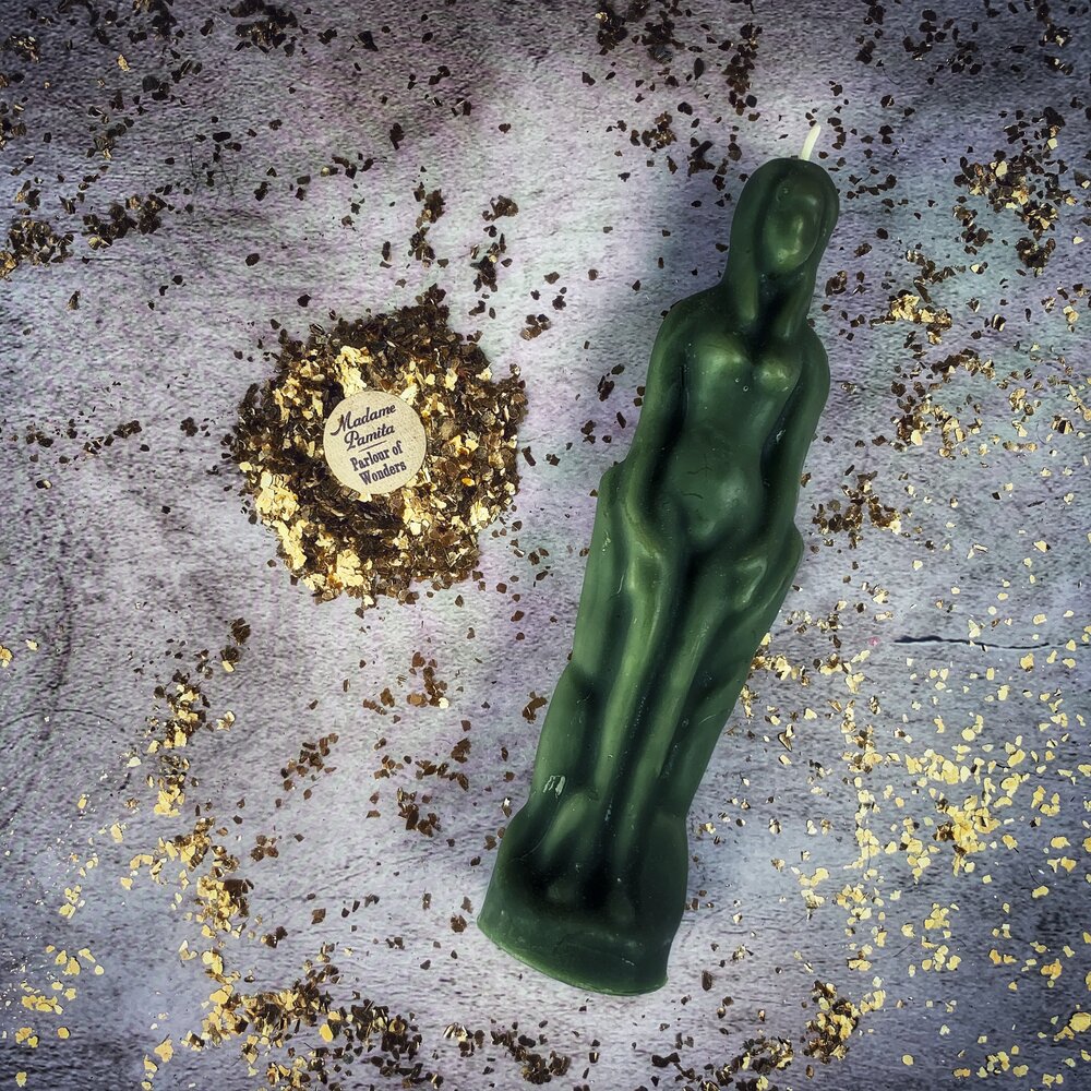 Pink beeswax female figural spell candle by Parlour of Wonders, used for sympathetic magic and personal power rituals.