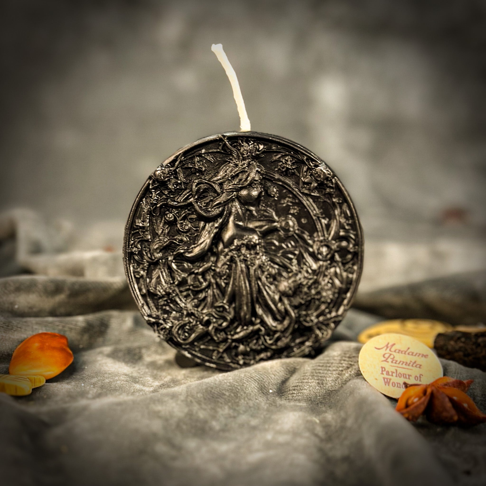 Pink beeswax Libra scales zodiac spell candle by Parlour of Wonders, featuring detailed Libra symbol for balance, harmony, and love.