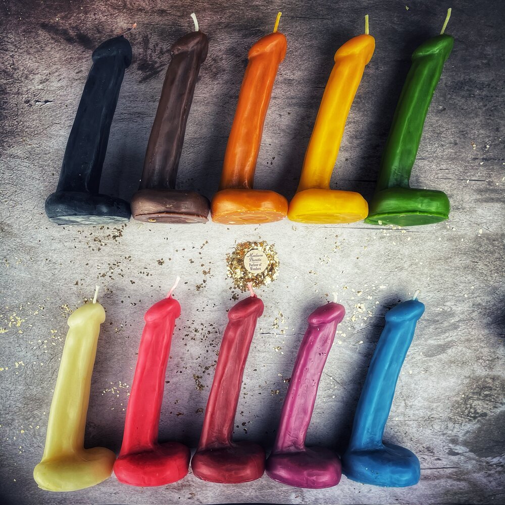 Pink beeswax phallus spell candle for passionate love and sex magic, crafted by Parlour of Wonders.