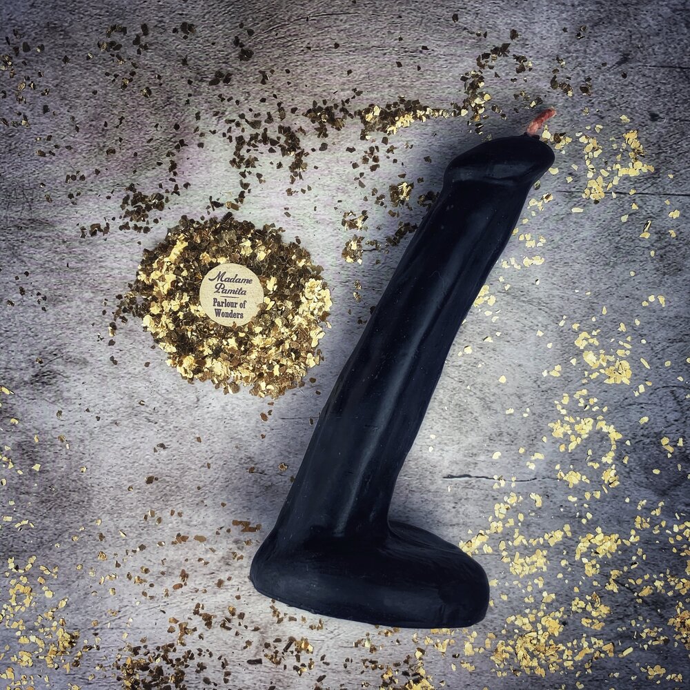 Pink beeswax phallus spell candle from Parlour of Wonders, designed for passionate love and sex magic rituals.