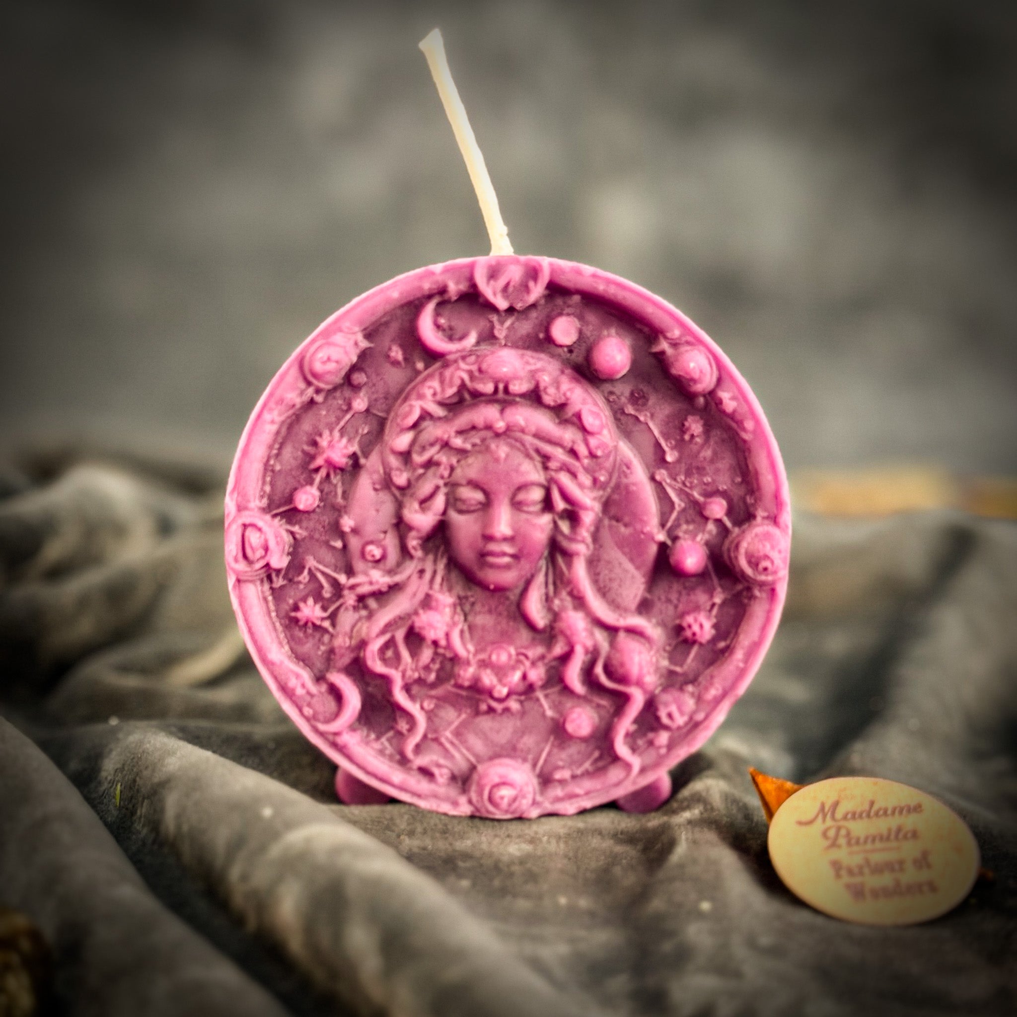 Pink beeswax Virgo Maiden zodiac spell candle by Parlour of Wonders, featuring intricate design for focus, healing, and practicality.