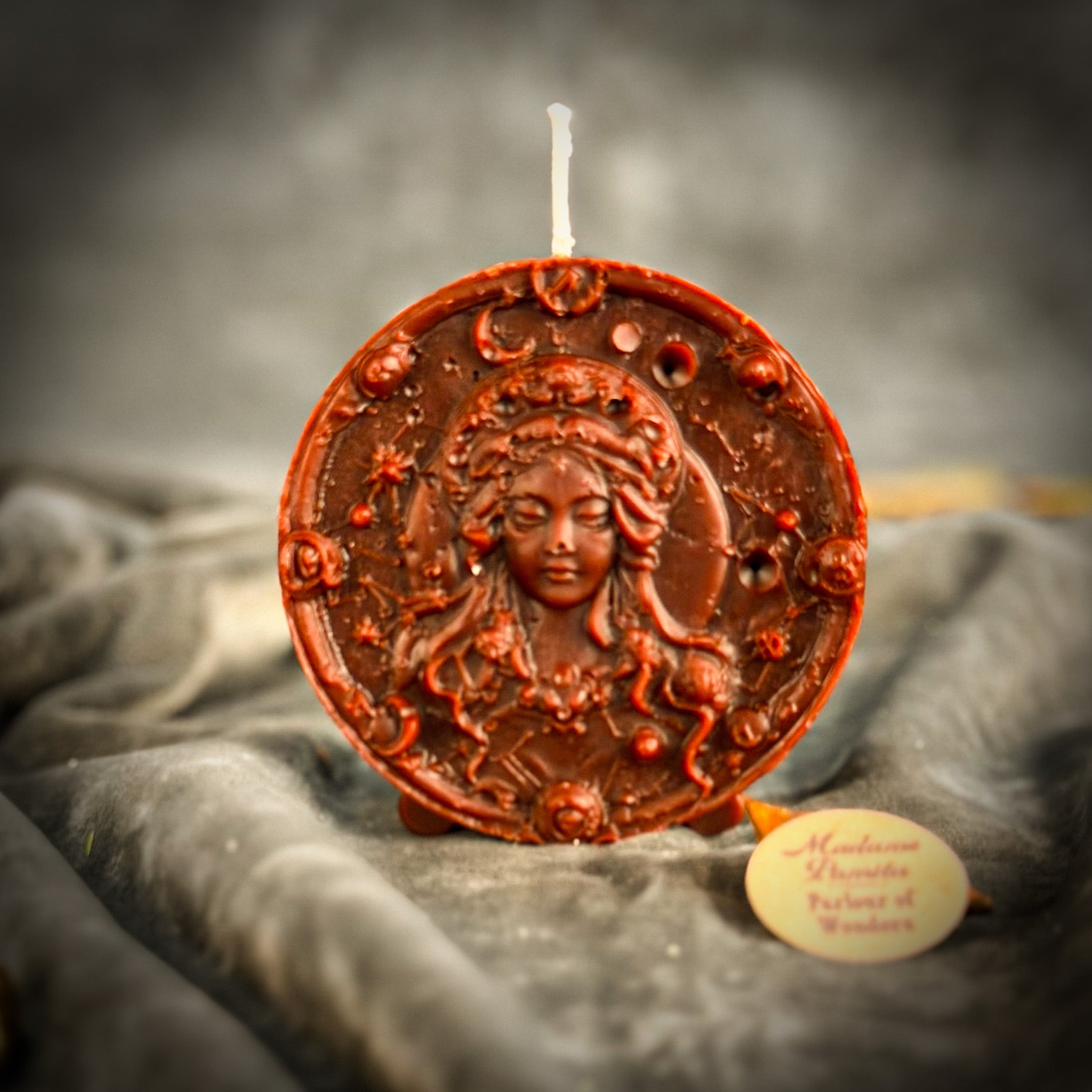 Pink beeswax Virgo Maiden zodiac spell candle by Parlour of Wonders, featuring intricate Virgo symbol design for focus and healing.