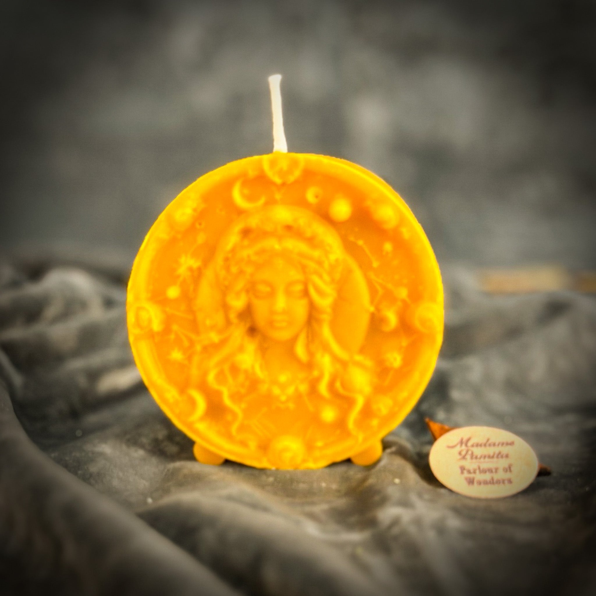 Pink beeswax Virgo Maiden zodiac spell candle by Parlour of Wonders, featuring intricate Virgo-themed design for focus and healing.