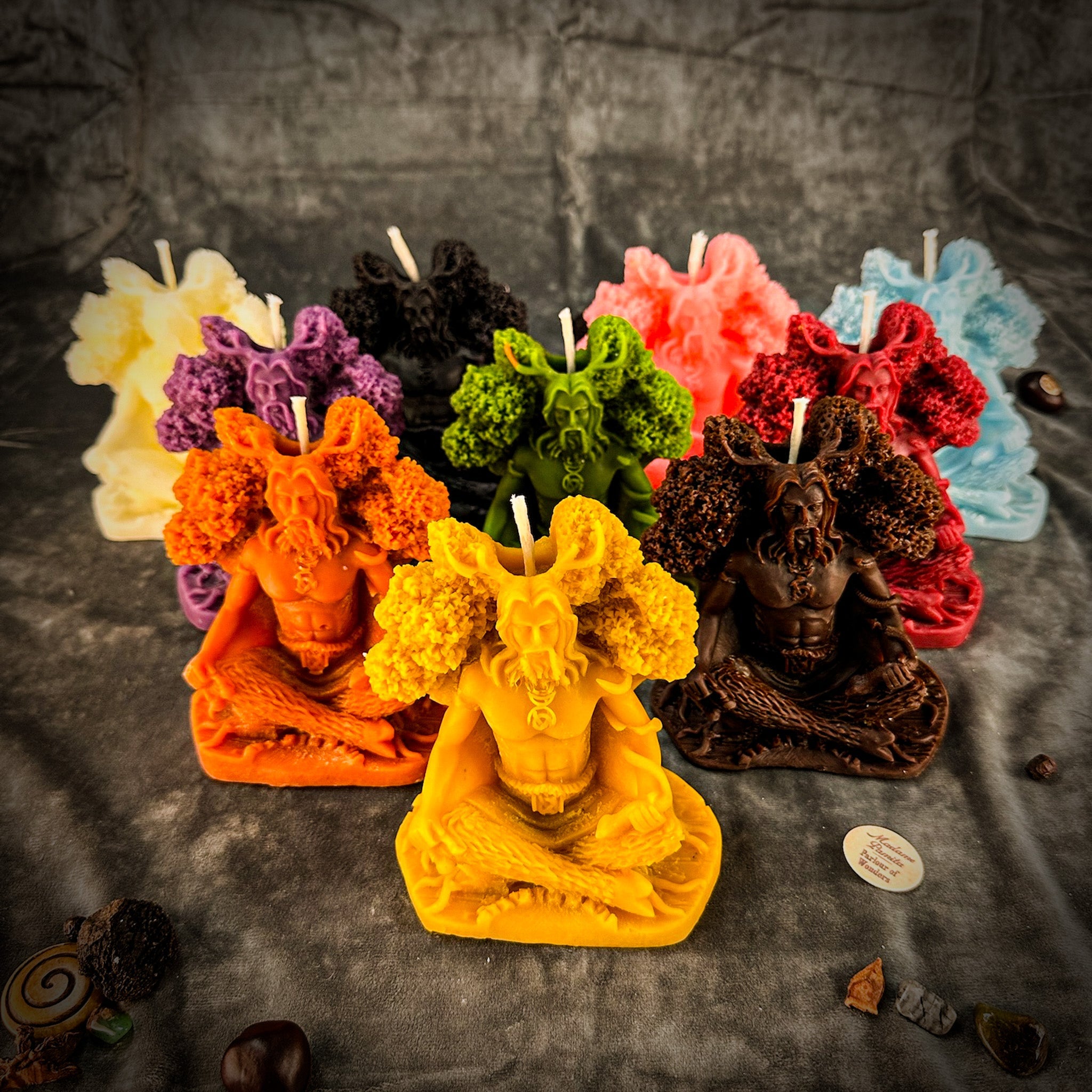 Beeswax Horned God Spell Candle by Parlour of Wonders featuring Cernunnos, symbolizing nature magic and fertility.