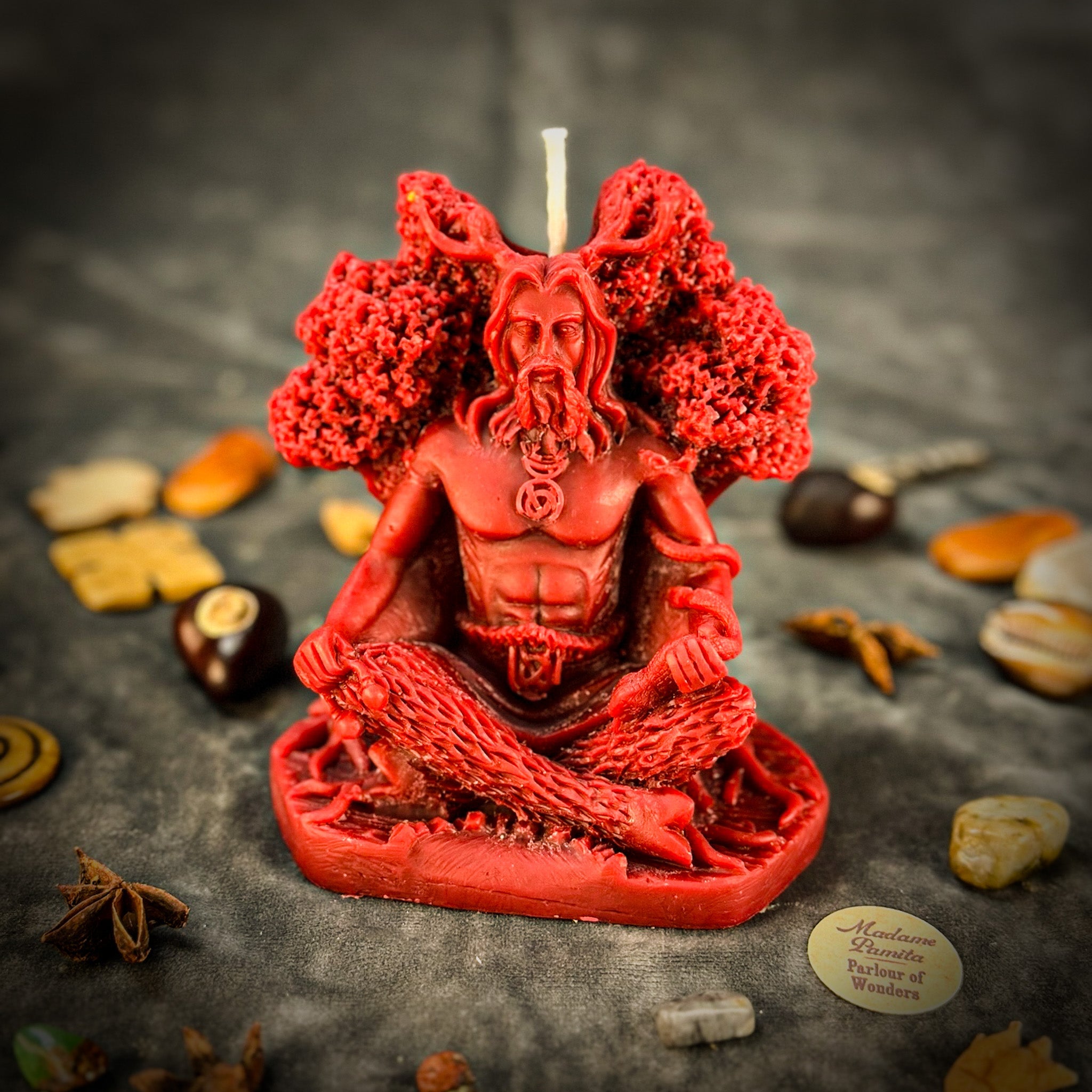 Beeswax Horned God Spell Candle by Parlour of Wonders with Cernunnos design for nature magic and fertility rituals.
