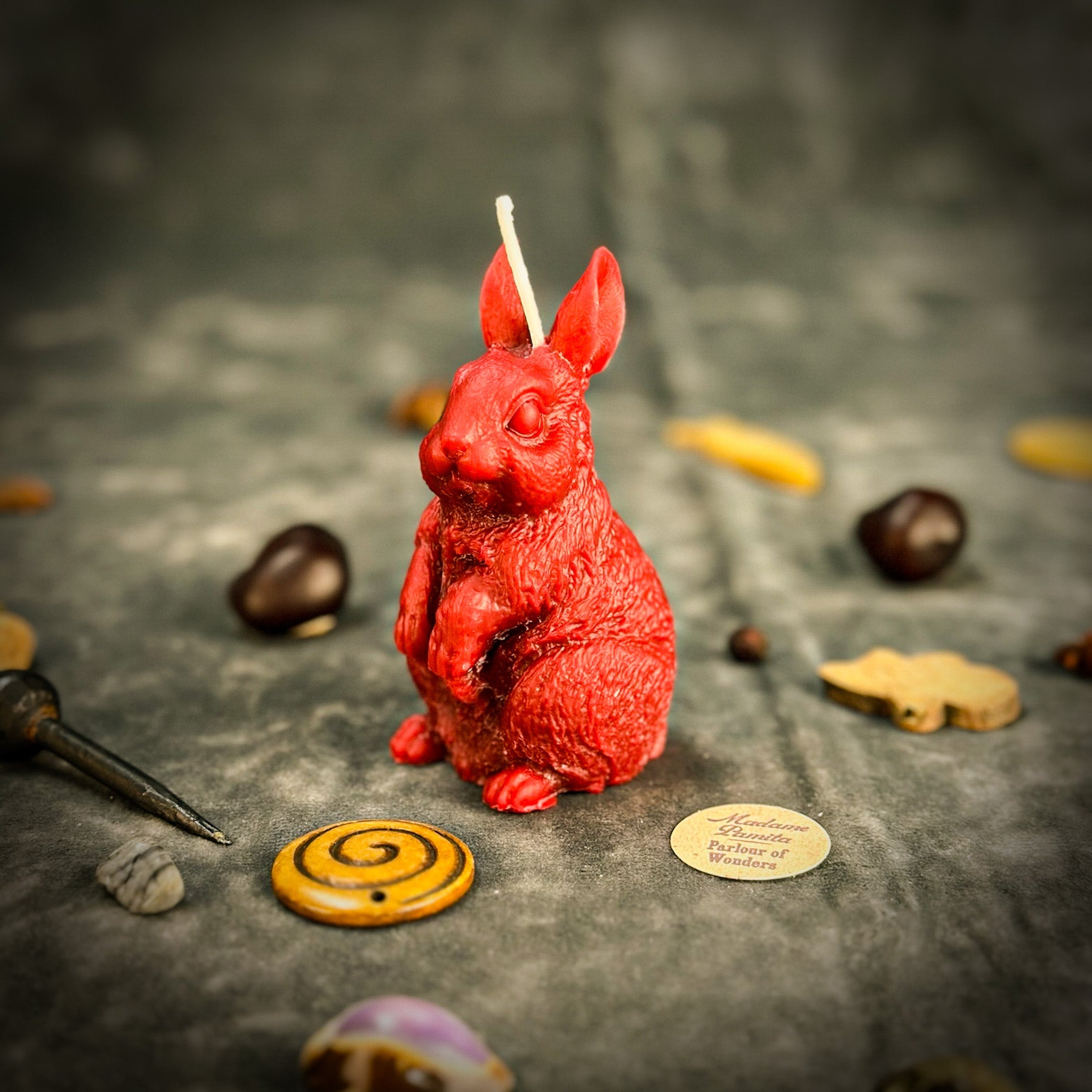 Beeswax Enchanted Bunny Spell Candle by Parlour of Wonders, red beeswax candle for abundance, fertility, and quick thinking.