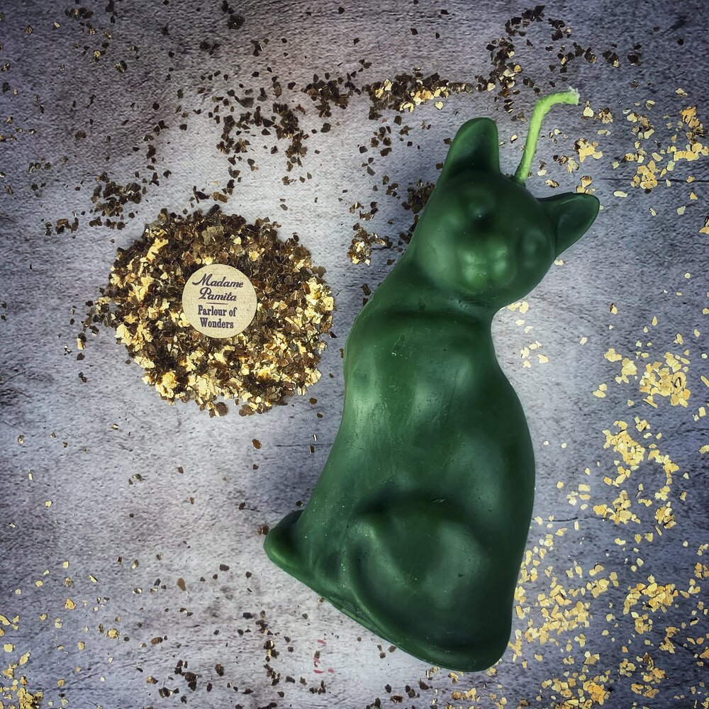 Red beeswax Lucky Cat spell candle by Parlour of Wonders, designed for fast action and manifestation magic.