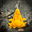 Red beeswax Moon Goddess spell candle with lunar symbols, representing divine feminine energy and lunar magic.