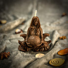 Red beeswax Moon Goddess spell candle from Parlour of Wonders with lunar symbols and divine feminine energy design.
