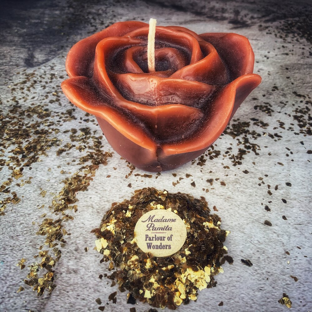 Beeswax Rose Romance Spell Candle by Parlour of Wonders, red passion beeswax candle for love and soulmate magic.