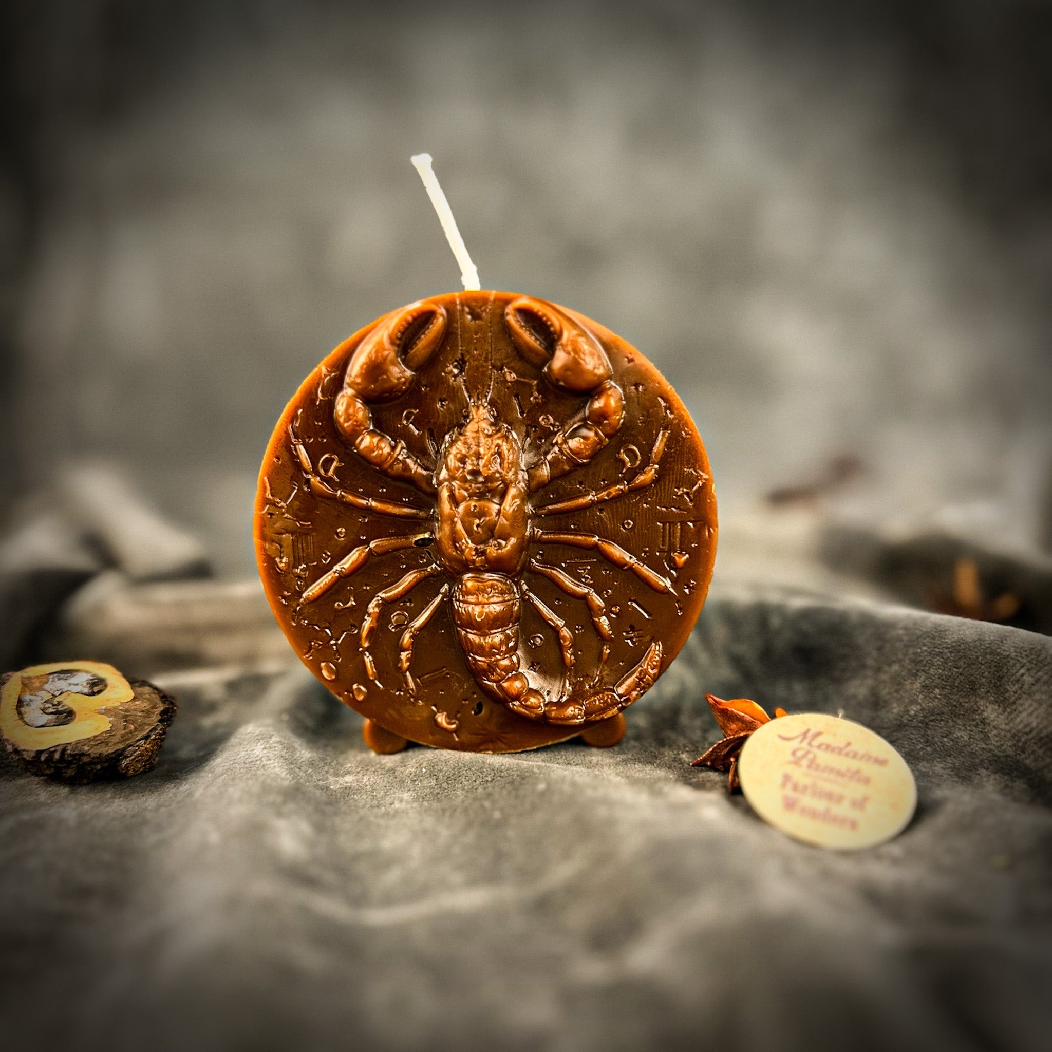 Red beeswax Scorpio zodiac spell candle featuring a scorpion design, symbolizing transformation, power, and intuition.