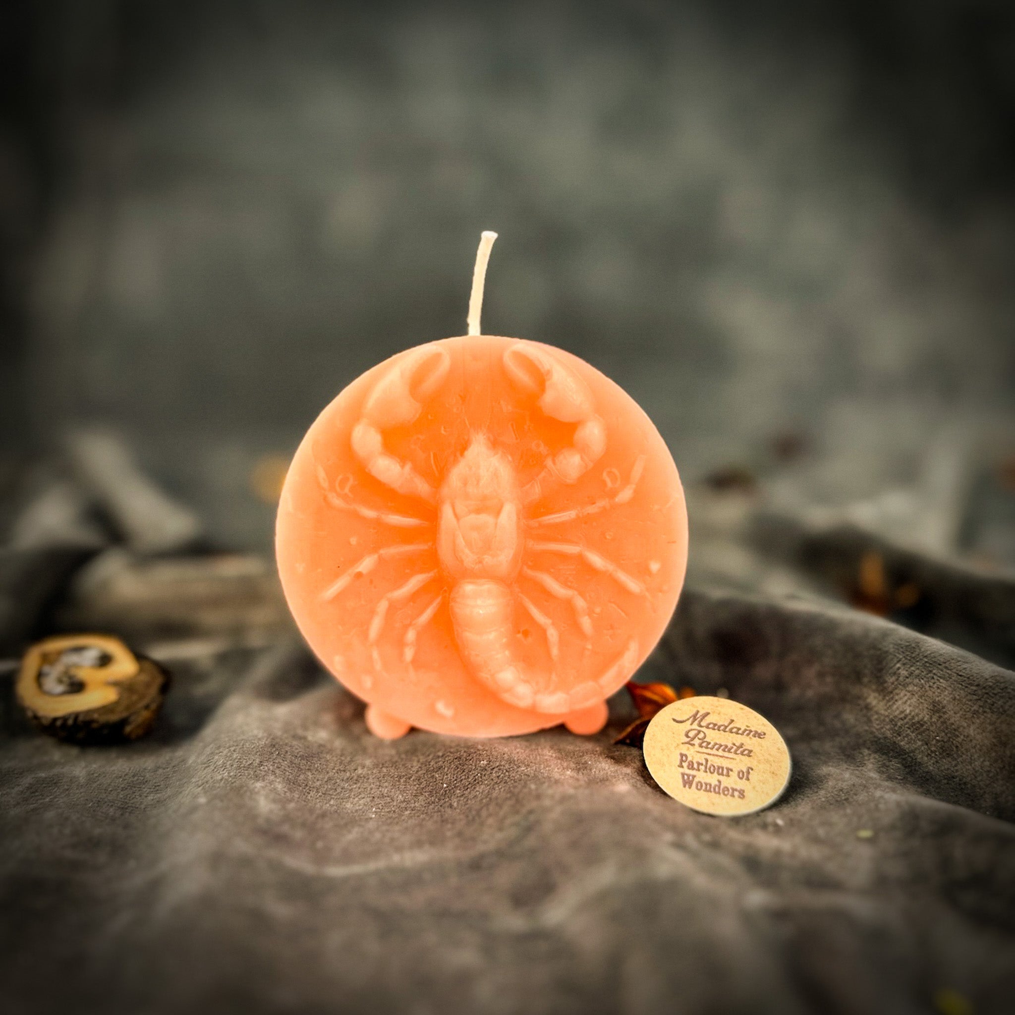 Red beeswax Scorpio zodiac spell candle with scorpion design, symbolizing transformation, power, and intuition.