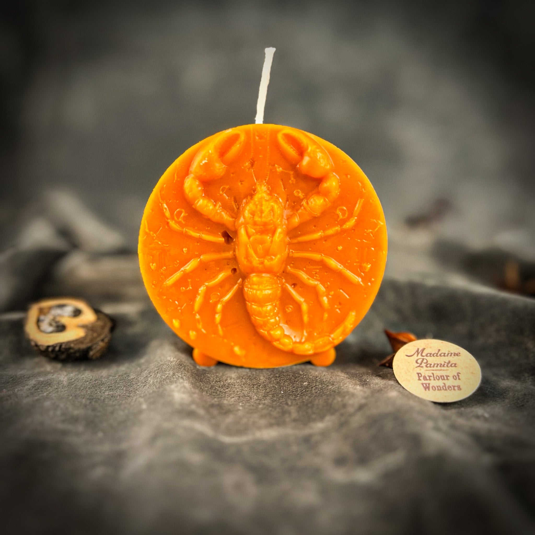 Red beeswax Scorpio zodiac spell candle with scorpion design, symbolizing transformation, power, and intuition.