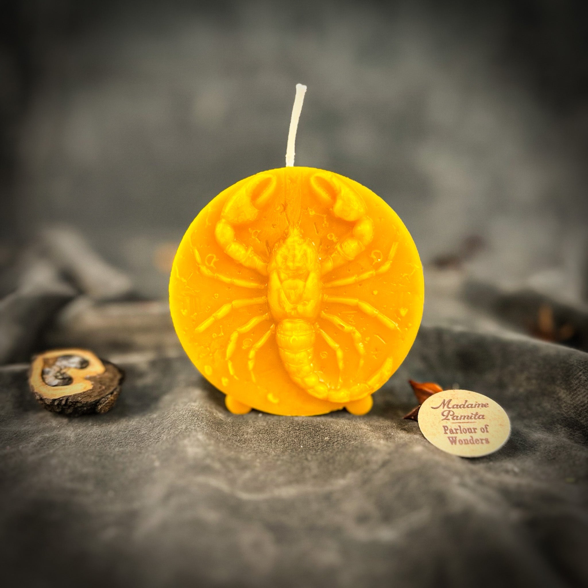 Red beeswax Scorpio zodiac candle featuring a scorpion design, symbolizing transformation, power, and intuition.