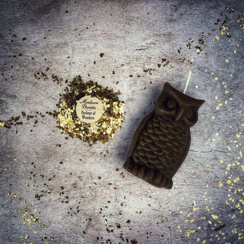 Red beeswax Wise Owl spell candle by Parlour of Wonders, designed for wisdom and psychic awareness magic.