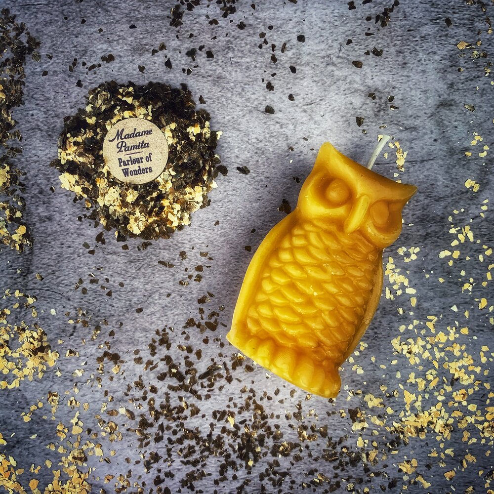 Red beeswax Wise Owl spell candle by Parlour of Wonders, featuring detailed owl design for wisdom and psychic awareness magic.