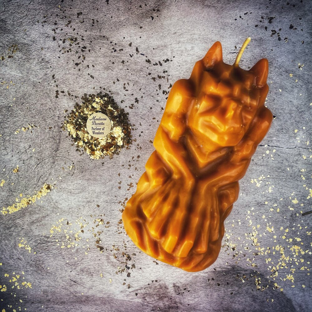 Beeswax Gargoyle Protector Spell Candle by Parlour of Wonders, featuring a yellow beeswax candle with guardian and protection magic symbols.