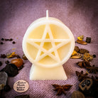 Yellow beeswax candle with pentacle of protection symbol, representing five elements and spiritual safety for spell work.