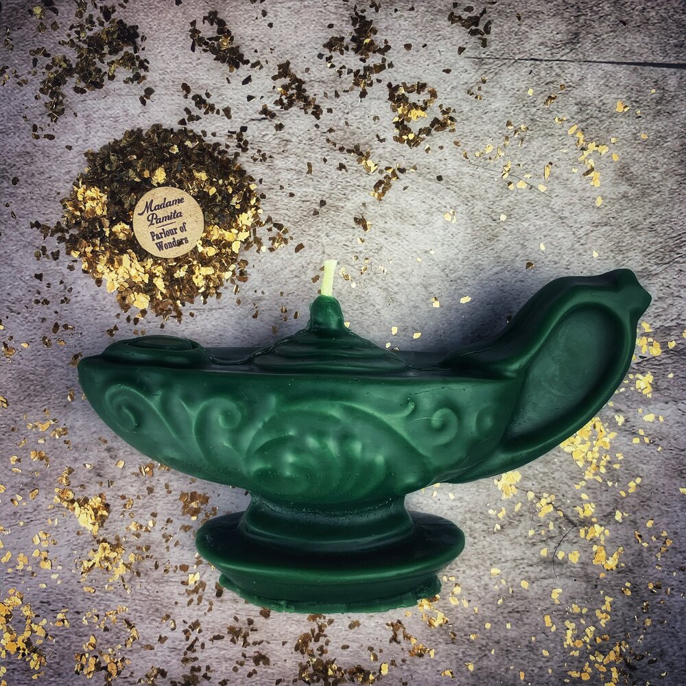 Yellow beeswax Aladdin's lamp spell candle by Parlour of Wonders, designed for wish manifestation and magic rituals.