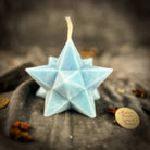 Yellow beeswax pentagram Merkaba spell candle with sacred geometry design for protection and spiritual ascension.