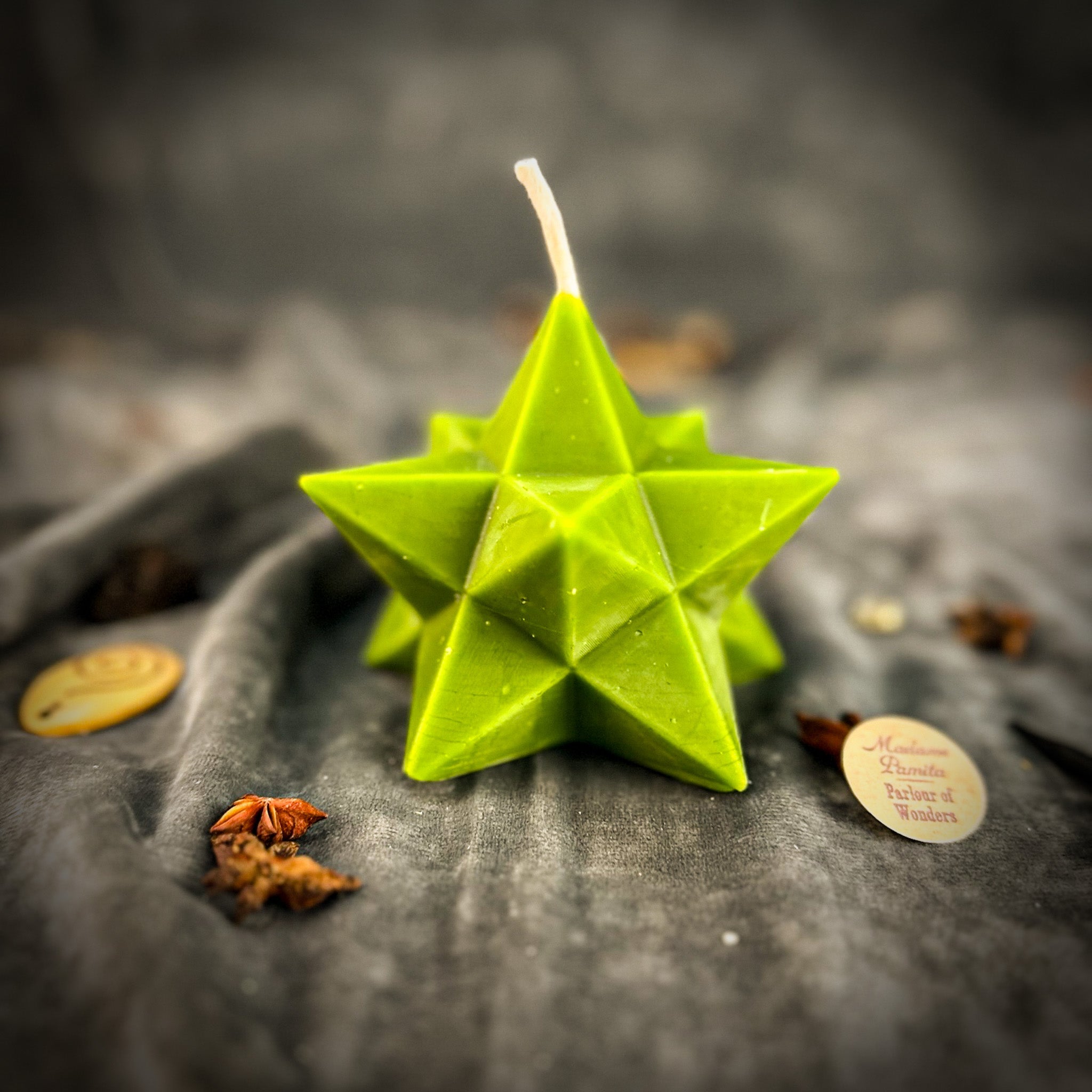Yellow beeswax candle with pentagram and merkaba symbols, designed for protection, ascension, and sacred geometry rituals.
