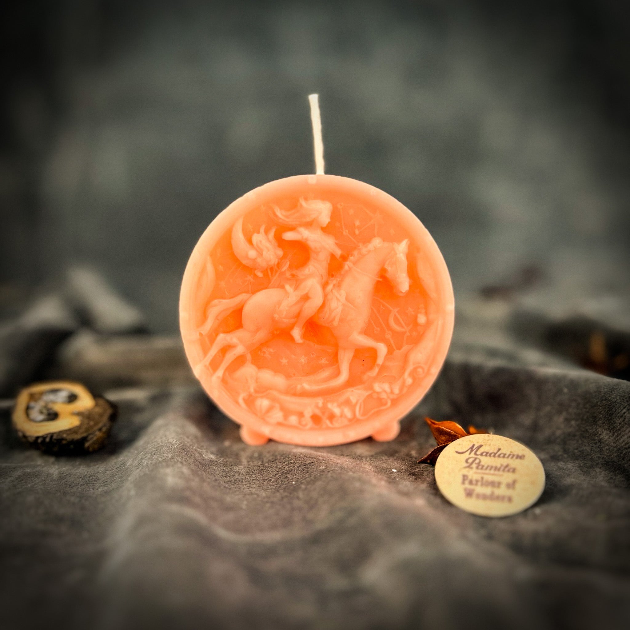 Beeswax Sagittarius Archer zodiac spell candle by Parlour of Wonders in yellow, symbolizing adventure, wisdom, and optimism.