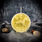 Yellow beeswax Sagittarius Archer zodiac spell candle by Parlour of Wonders, featuring celestial symbols for adventure, wisdom, and optimism.