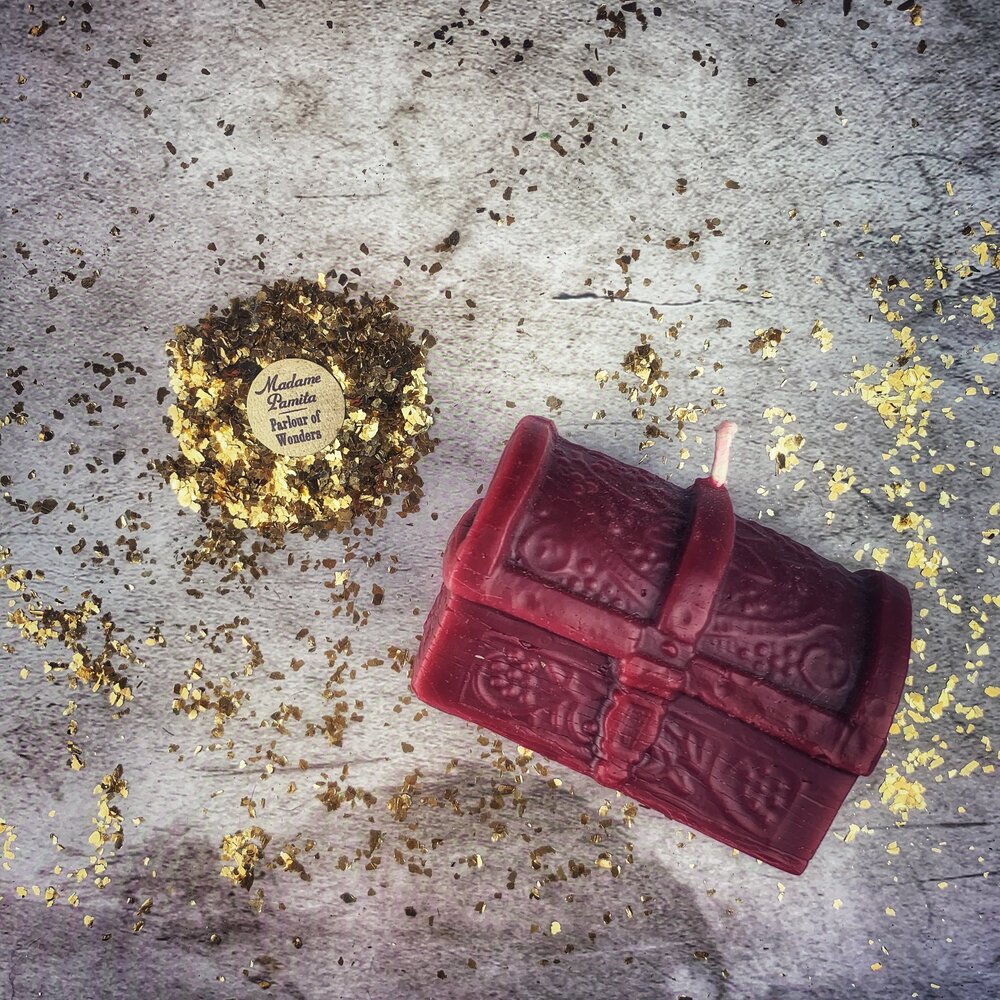 Yellow beeswax treasure chest spell candle by Parlour of Wonders, designed to unlock blessings and abundance magic.