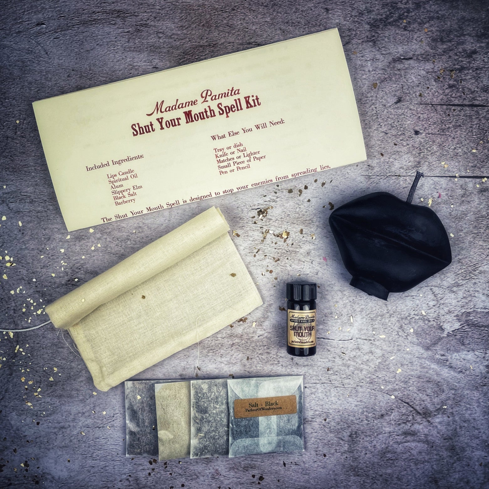 Black Shut Your Mouth Candle Spell Kit by Parlour of Wonders for stopping gossip and silencing rumors.