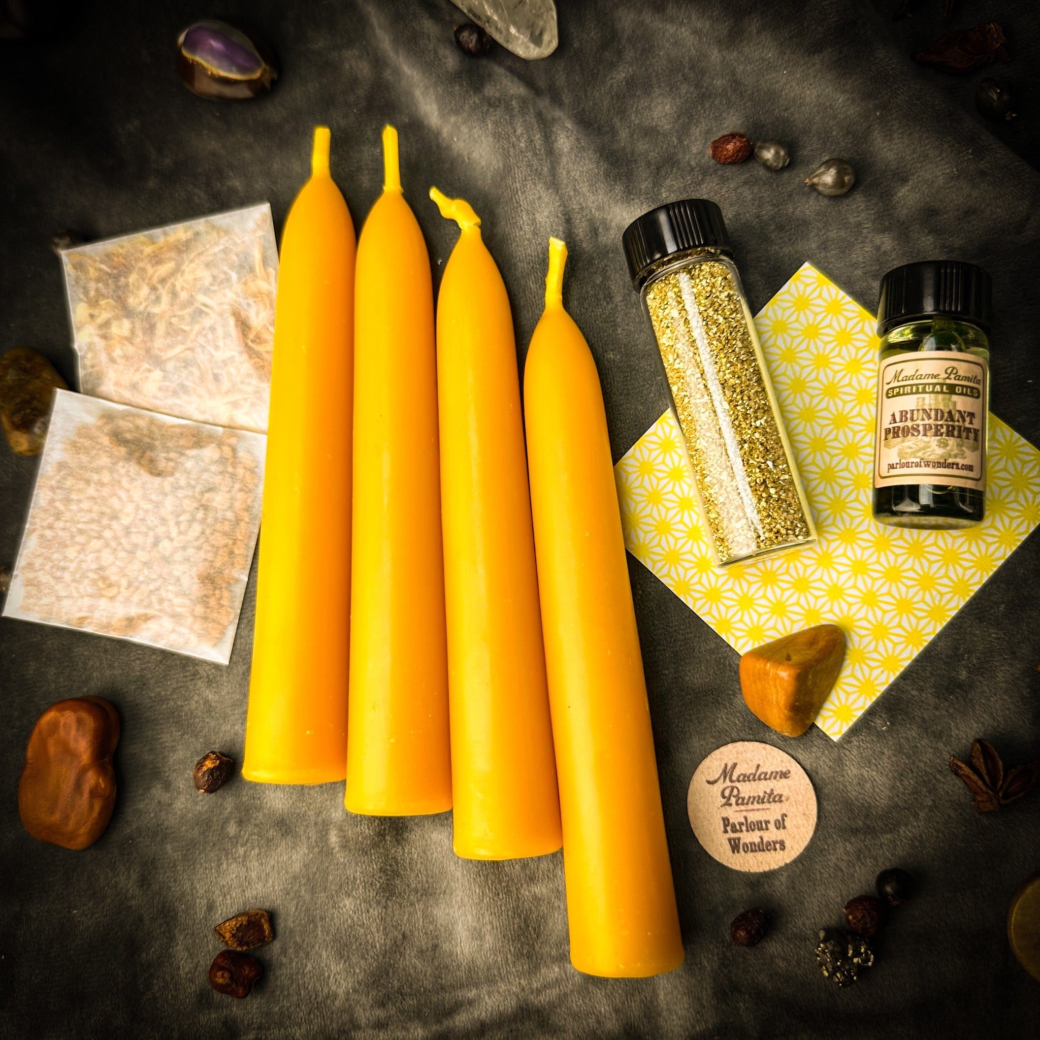 Parlour of Wonders Affluence Candle Spell Booster Pack with herbs and charms for prosperity candle spells.