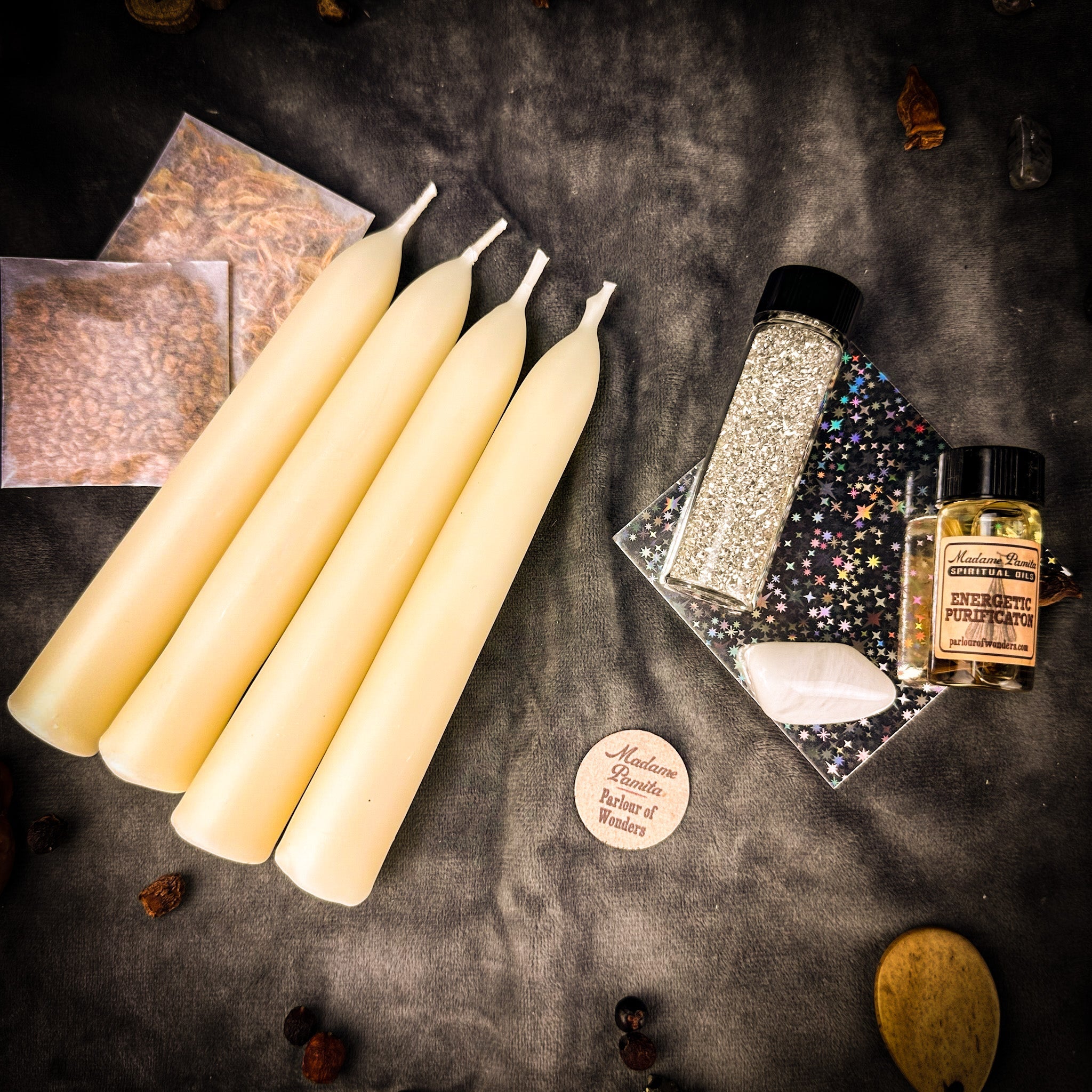 Parlour of Wonders Cleansing Candle Spell Booster Pack with herbs and crystals for energetic purification in candle spell rituals.