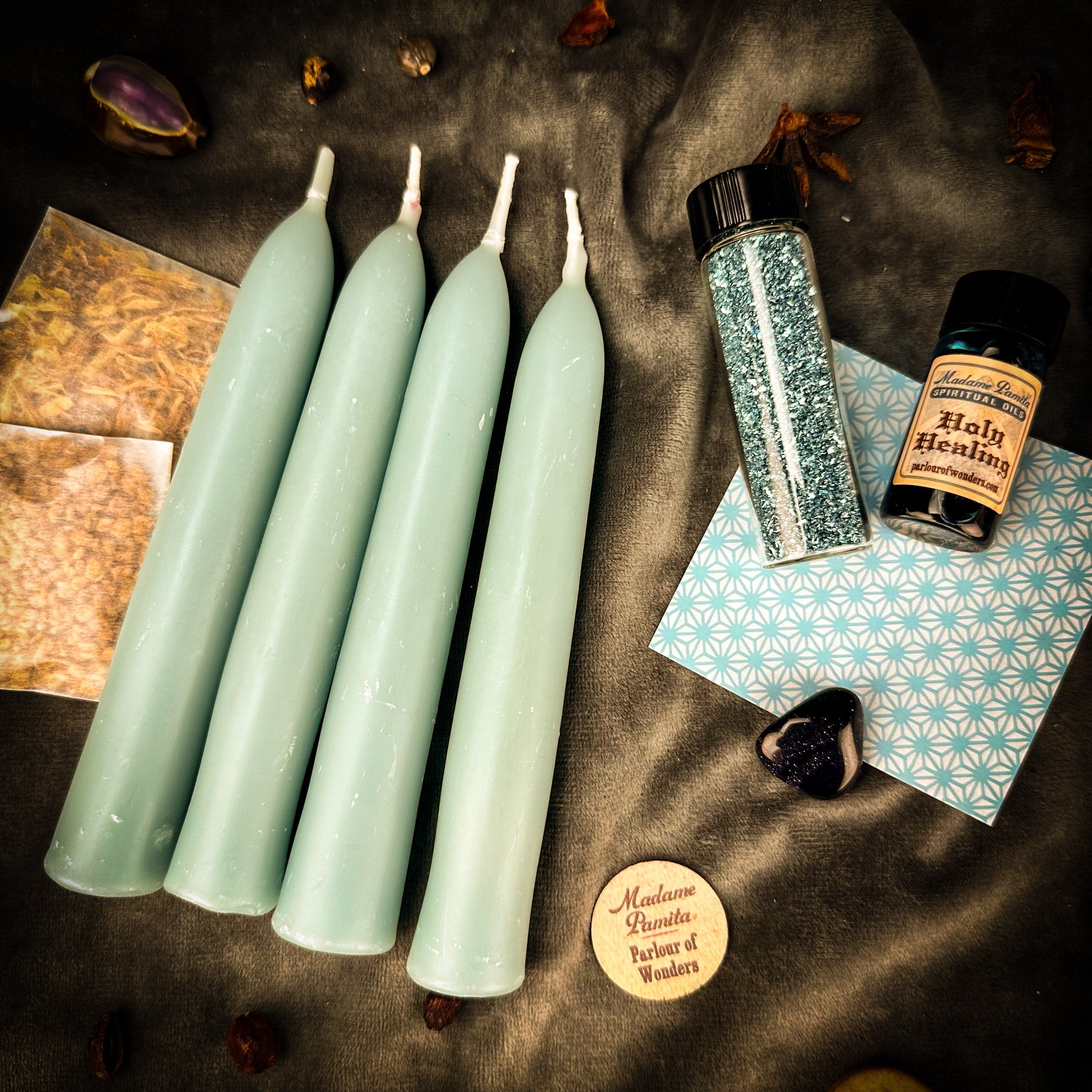 Healing Candle Spell Booster Pack from Parlour of Wonders, featuring herbs and crystals for restorative candle spell magic.