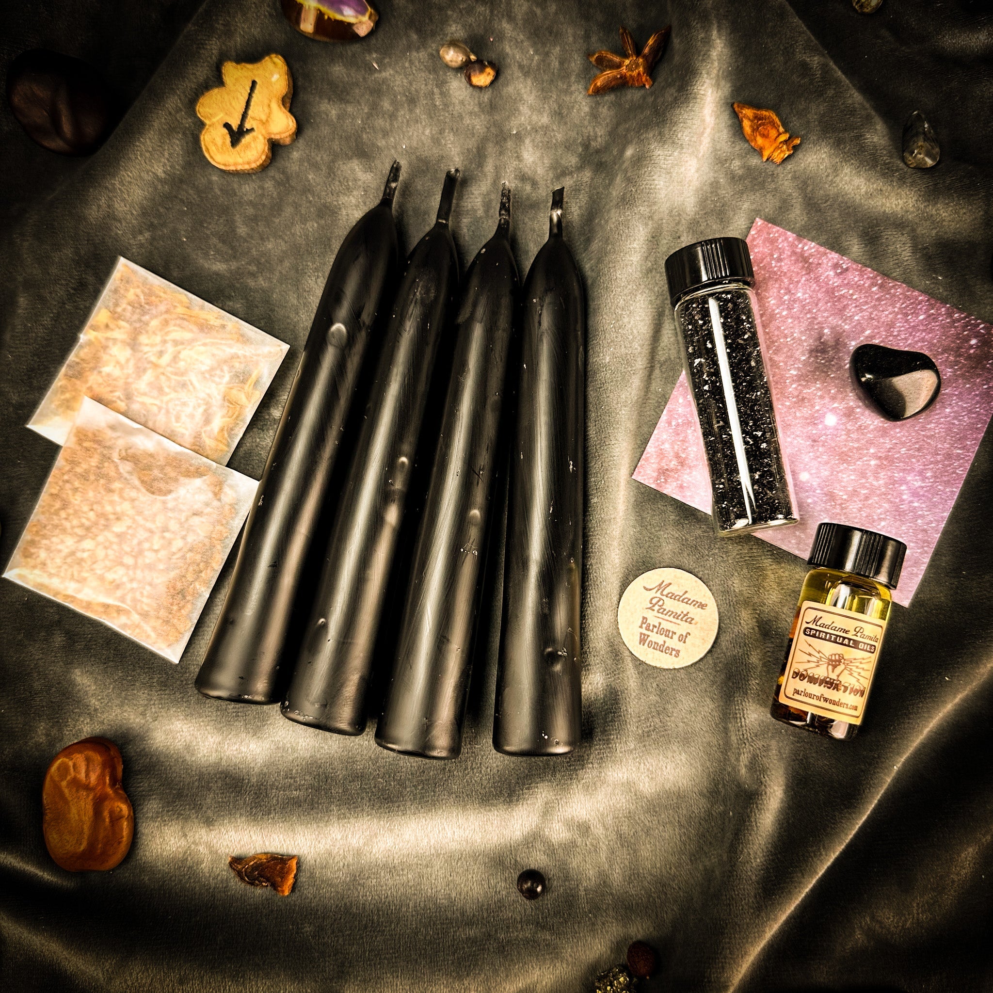 Parlour of Wonders Mastery Candle Spell Booster Pack with herbs and charms, designed to enhance candle spell kits for domination and control.