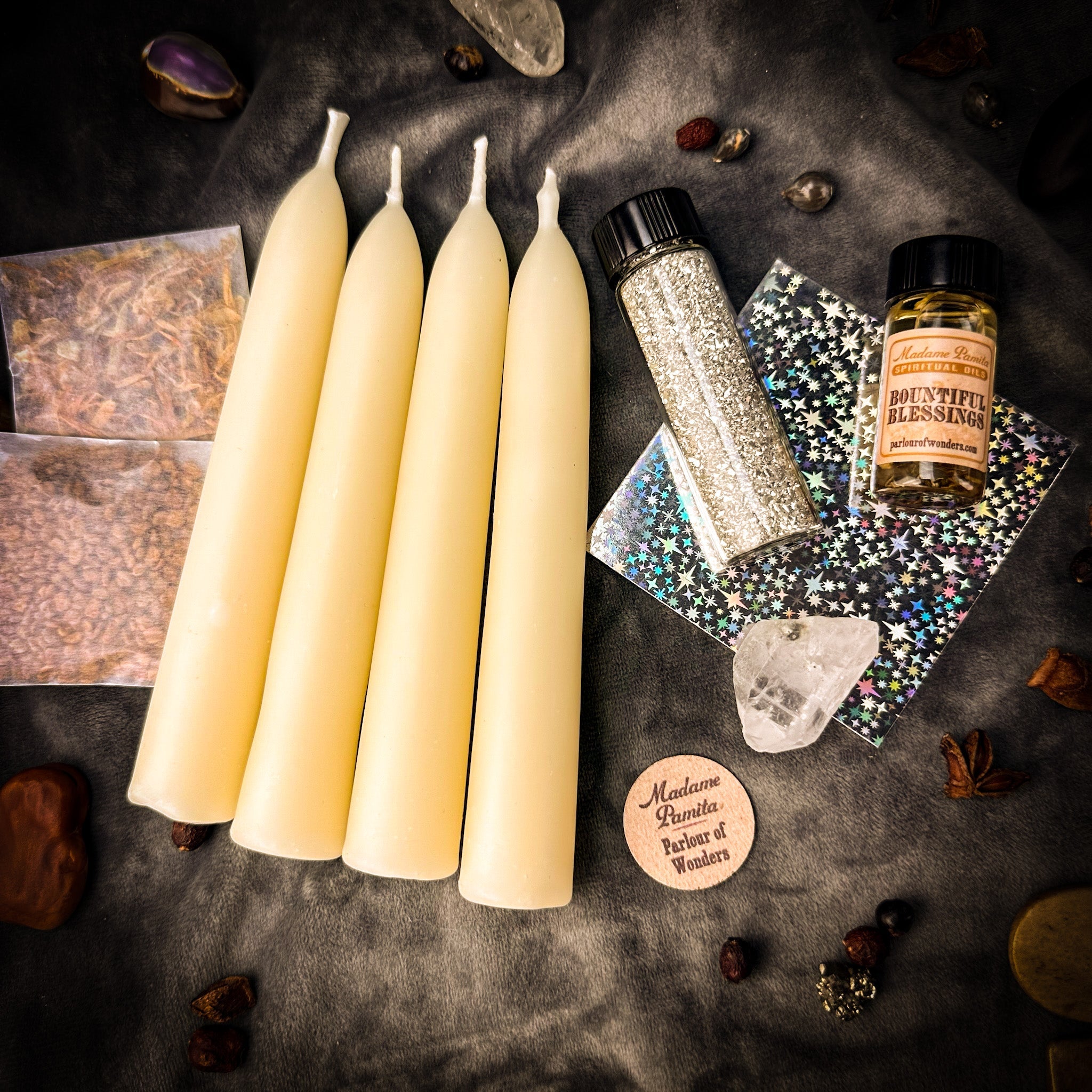 Parlour of Wonders Miracles Candle Spell Booster Pack with herbs and crystals to enhance divine blessings for candle spell kits.