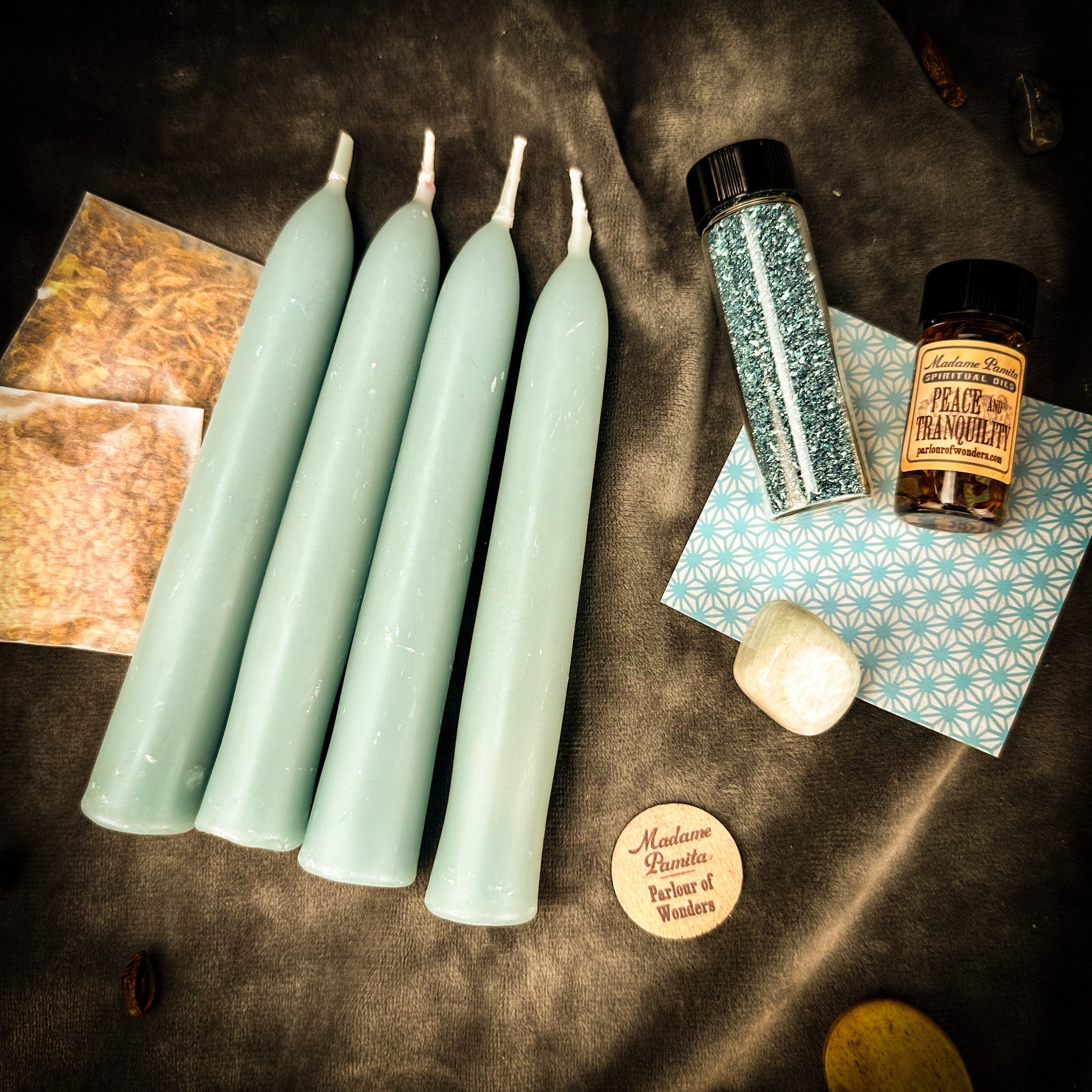 Parlour of Wonders Tranquility Spell Booster Pack with herbs and crystals to add peace to candle spell kits.
