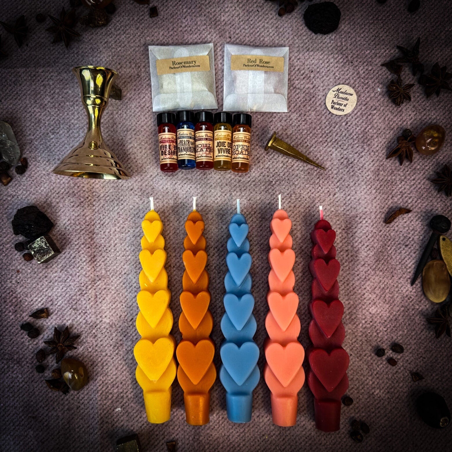 Parlour of Wonders Love Wishes Candle Spell Kit with three candles for multi-day love manifestation magic.