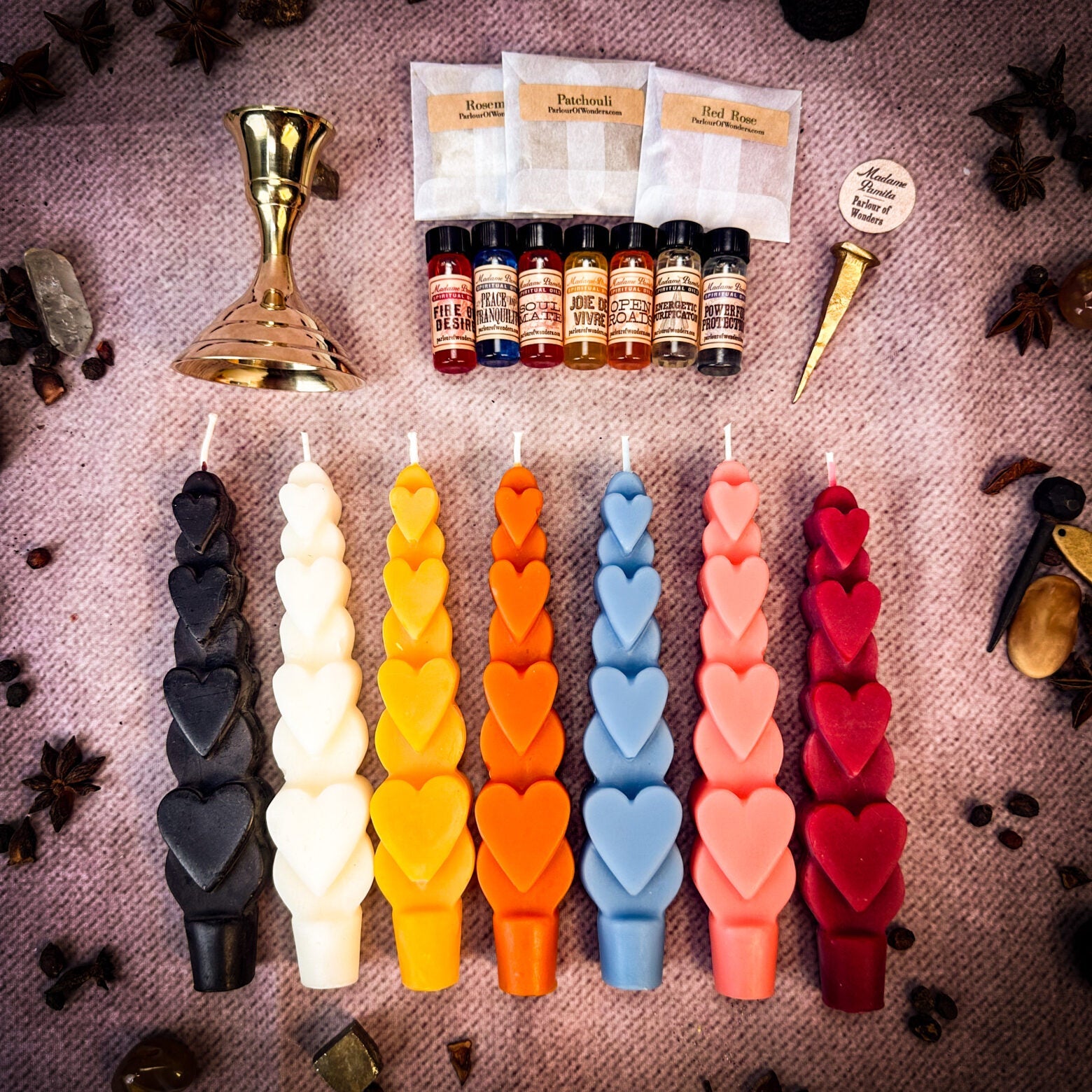 Parlour of Wonders Love Wishes Candle Spell Kit with three candles for multi-day love manifestation magic.