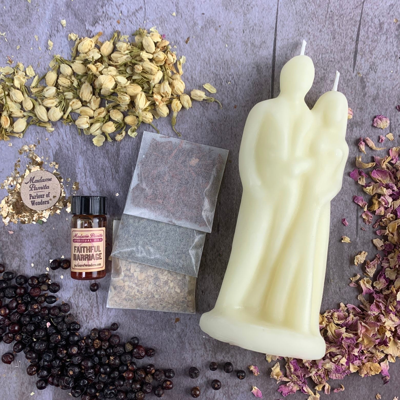 Black Candle Spell Kit for Happy Marriage by Parlour of Wonders, includes candles and tools for commitment and union rituals.