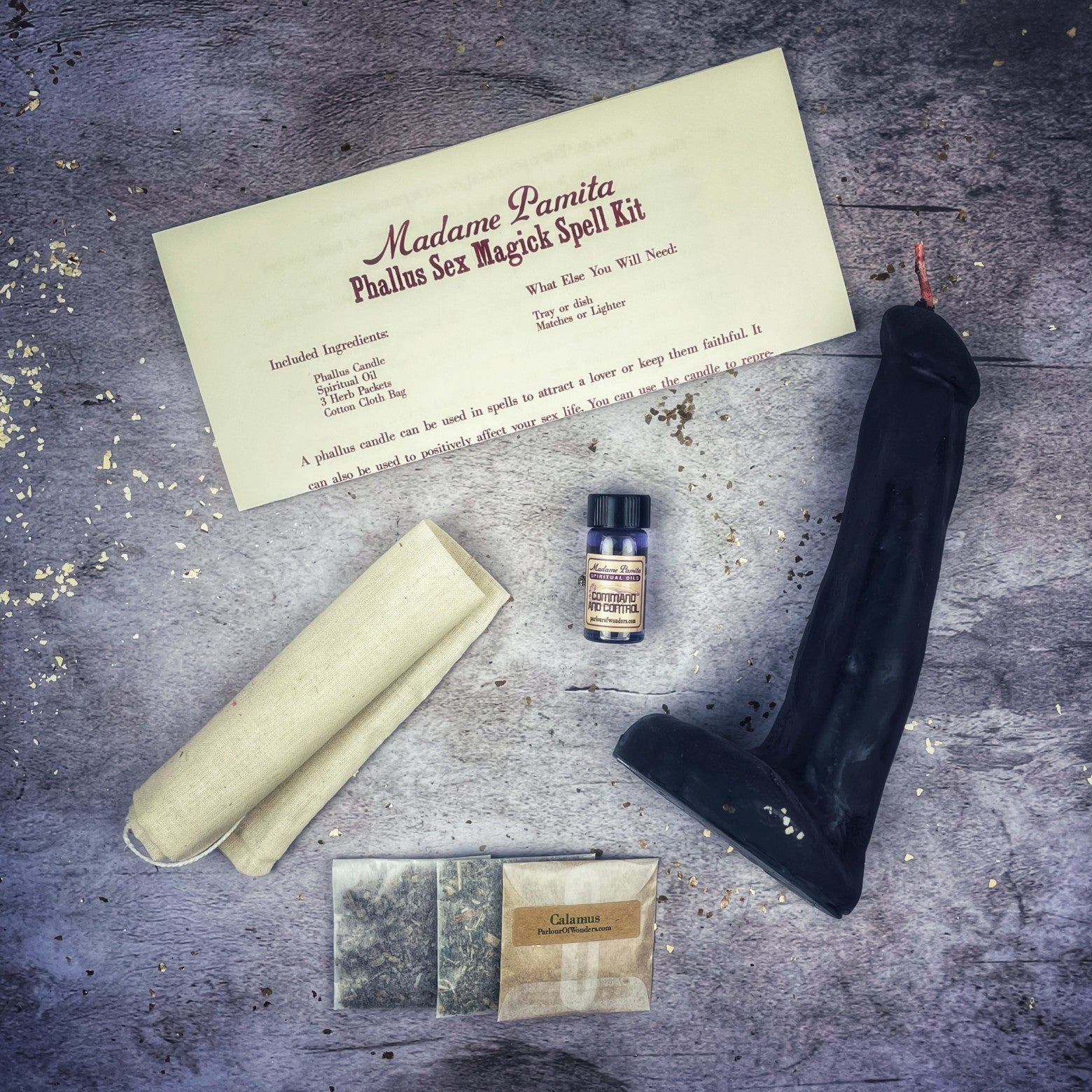 Parlour of Wonders black Phallus Sex Magick Candle Spell Kit for sexual power and attraction, featuring candles and spell tools.