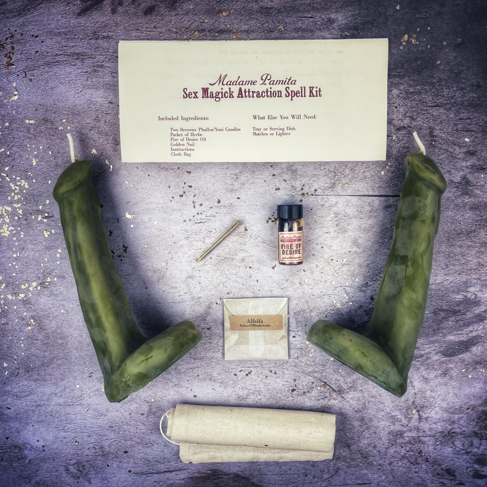 Black candle spell kit with phallus symbol for passion and desire, designed for sex magick rituals by Parlour of Wonders.