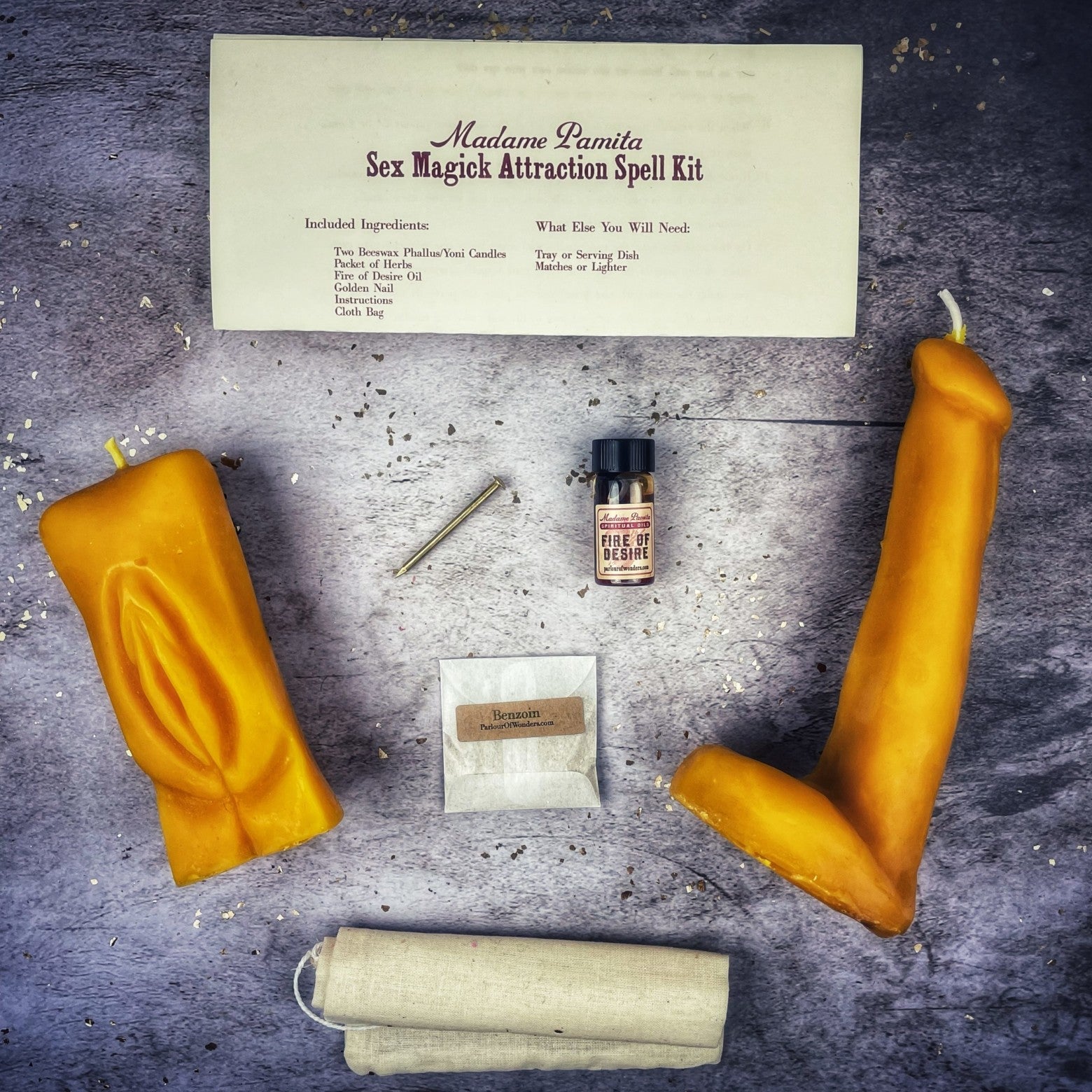 Parlour of Wonders sex magick candle spell kit featuring black candles with Yoni and Phallus symbols for passion and attraction spells.