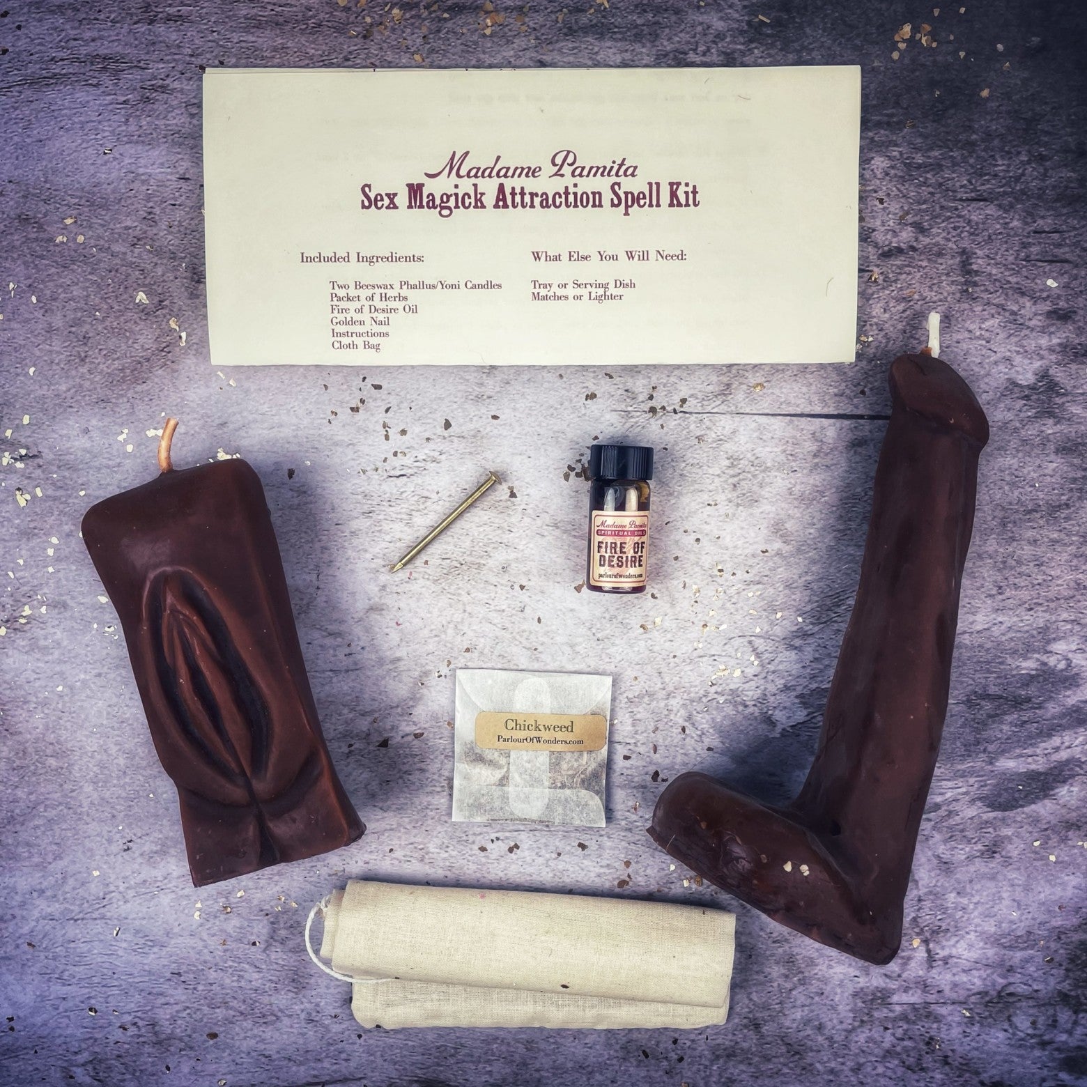 Parlour of Wonders sex magick candle spell kit with black candle, yoni and phallus symbols for passion and attraction.