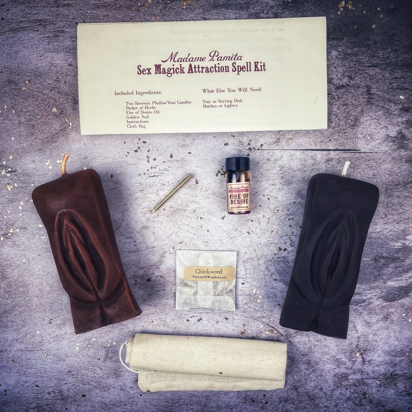 Parlour of Wonders Sex Magick Candle Spell Kit with black candles and yoni symbols for passion and desire rituals.