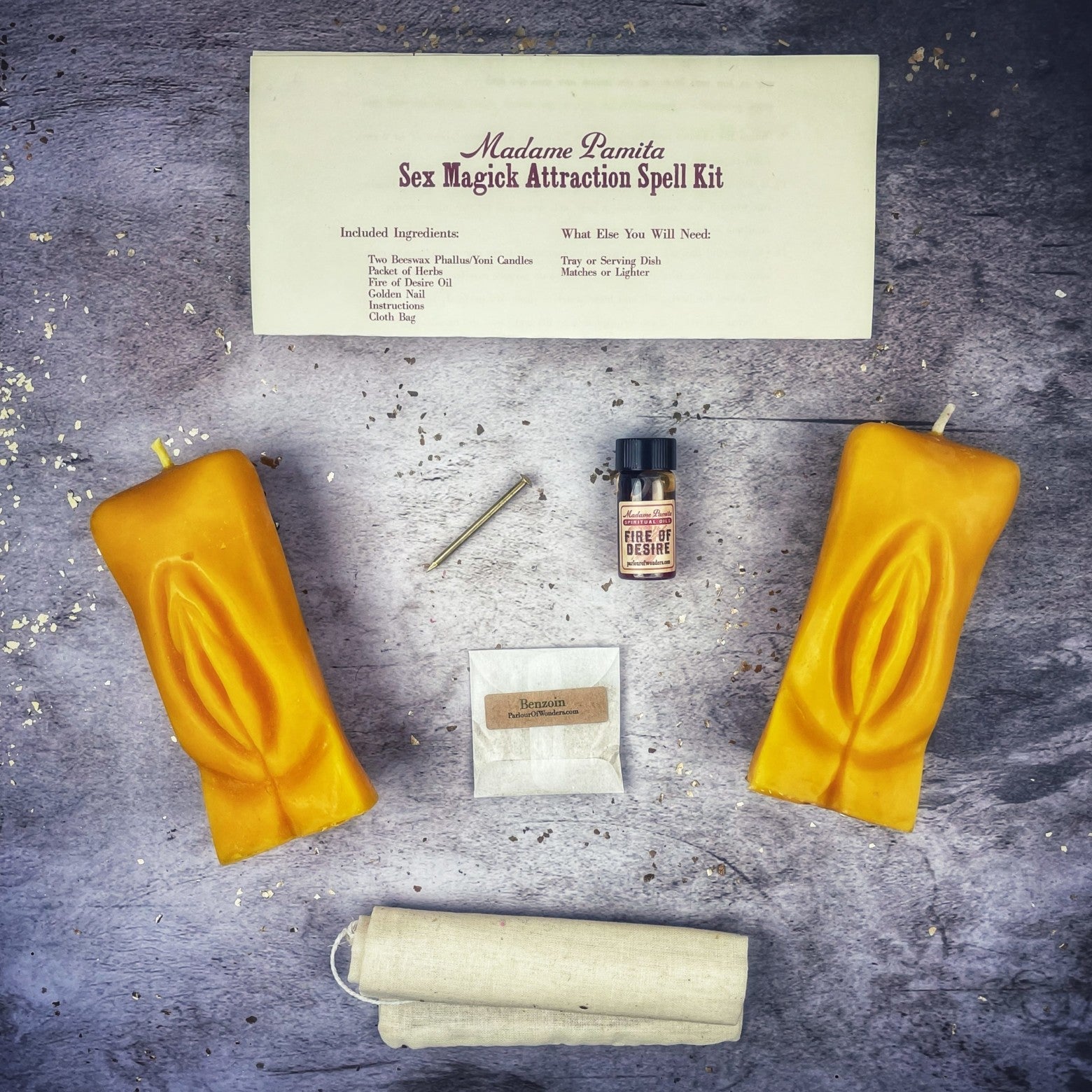 Parlour of Wonders Sex Magick Candle Spell Kit with black candles for yoni passion and desire magic, arranged with ritual tools.