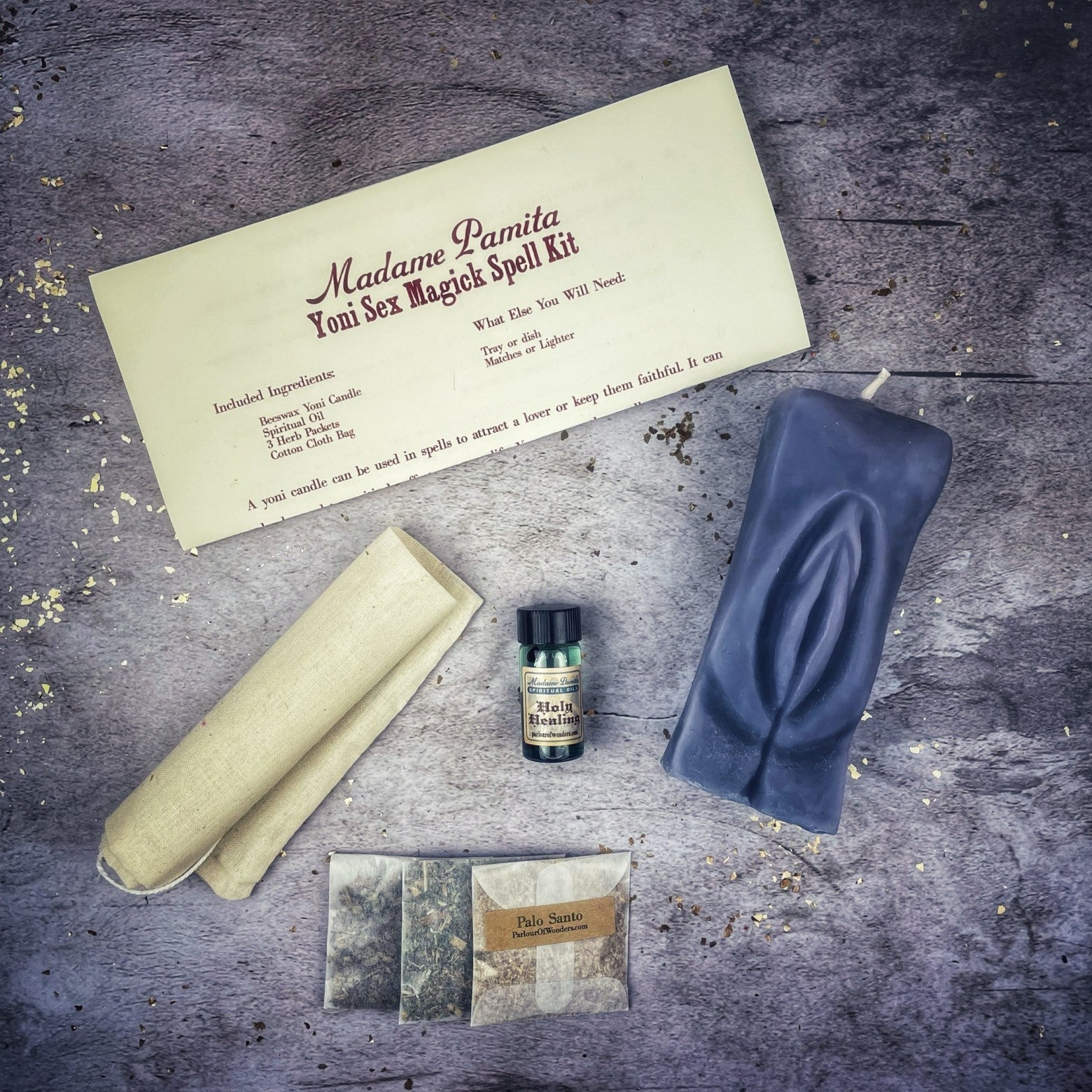 Black Yoni Sex Magick Candle Spell Kit from Parlour of Wonders, includes candles and tools for passion, attraction, and sexual power.