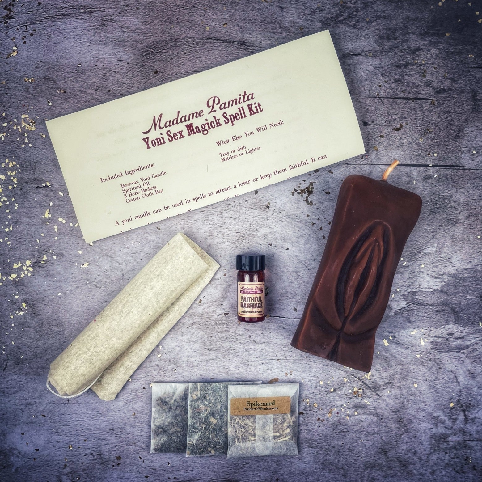 Black Yoni Sex Magick Candle Spell Kit by Parlour of Wonders with candles, herbs, and tools for passion, attraction, and sexual power.