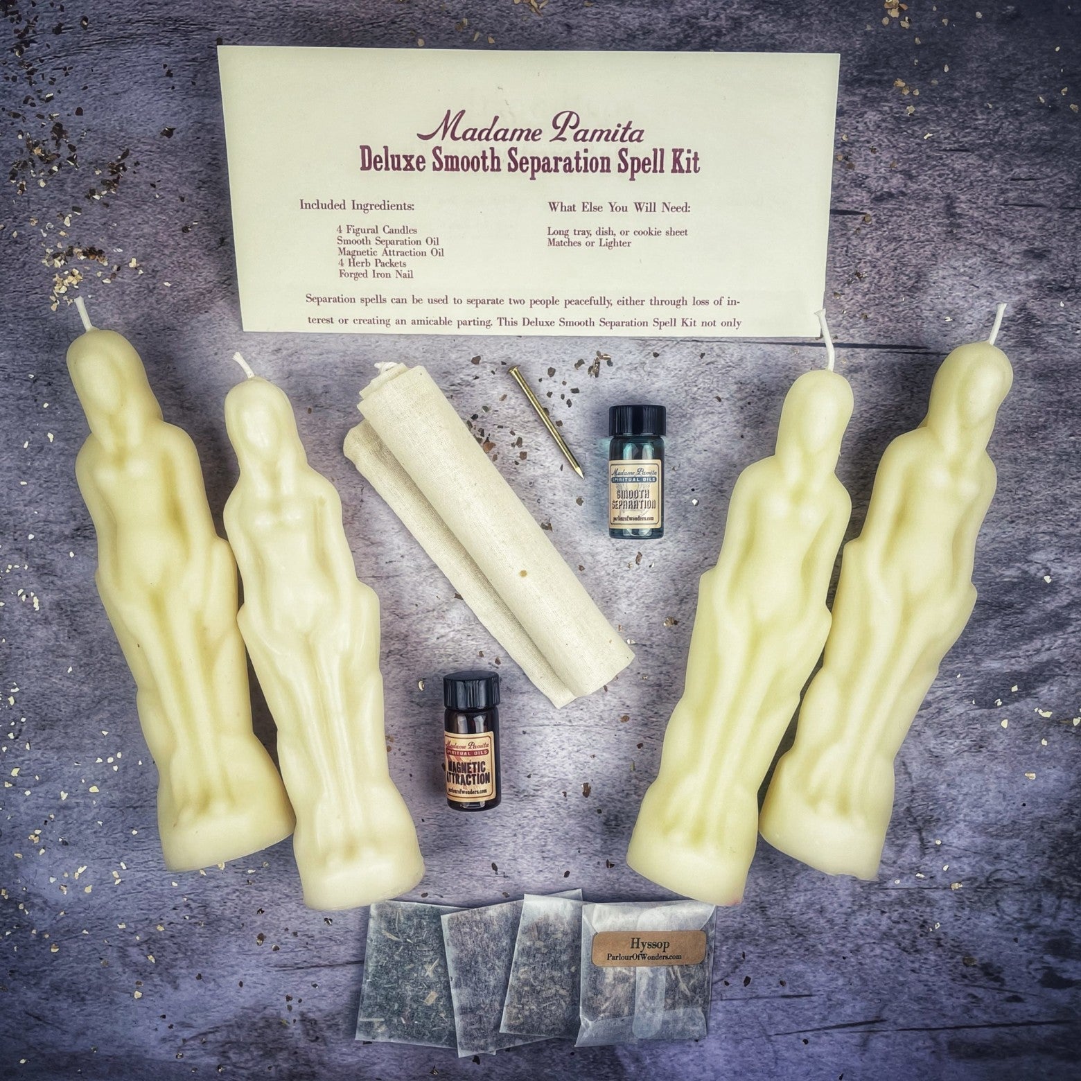Black Candle Spell Kit by Parlour of Wonders for smooth separation, peaceful parting, and love direction, designed for female/female energies.