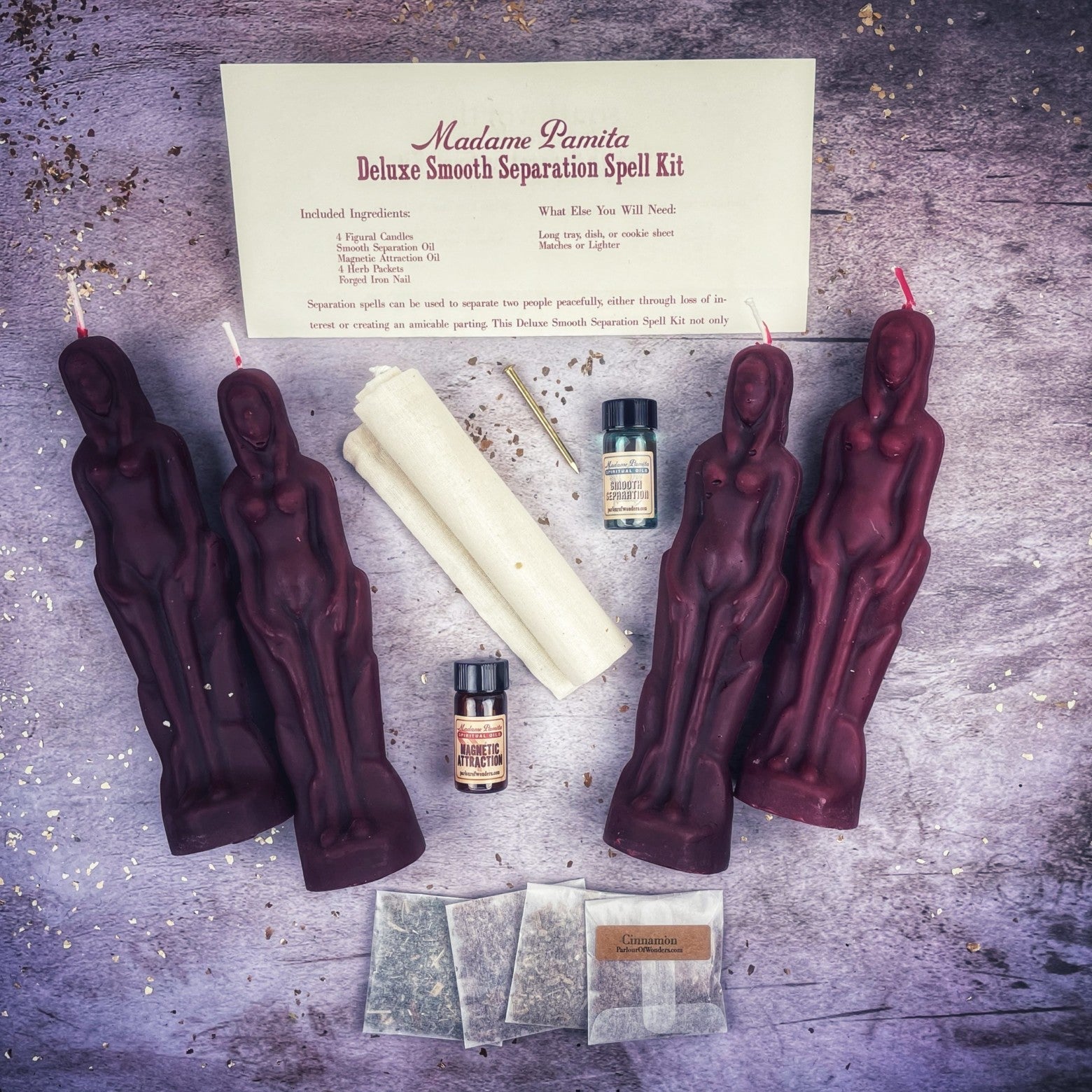 Deluxe Candle Spell Kit for female/female separation and peace, including black candles and love direction tools from Parlour of Wonders.